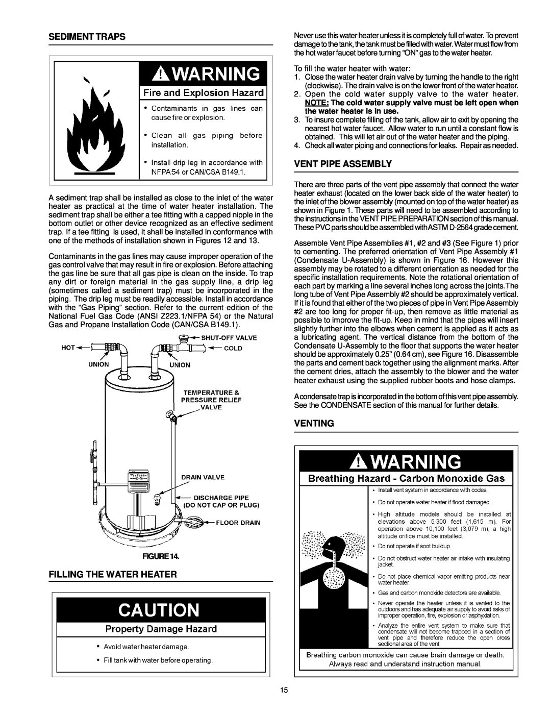 A.O. Smith ARGSS02708 instruction manual Sediment Traps, Filling The Water Heater, Vent Pipe Assembly, Venting 