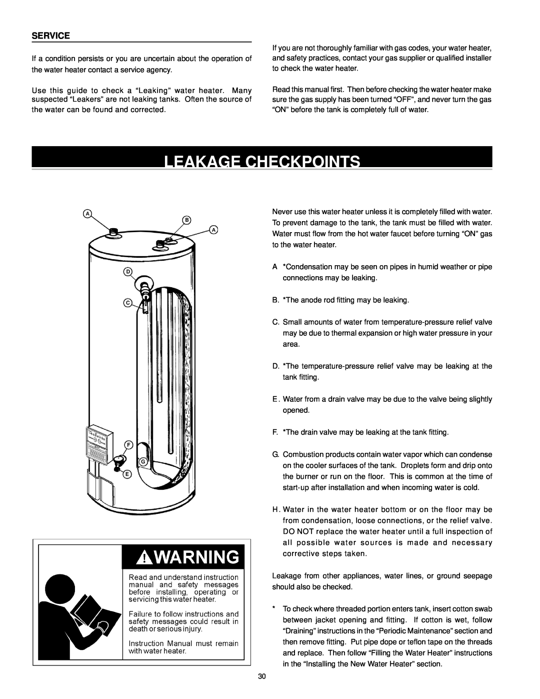 A.O. Smith ARGSS02708 instruction manual Leakage Checkpoints, Service 