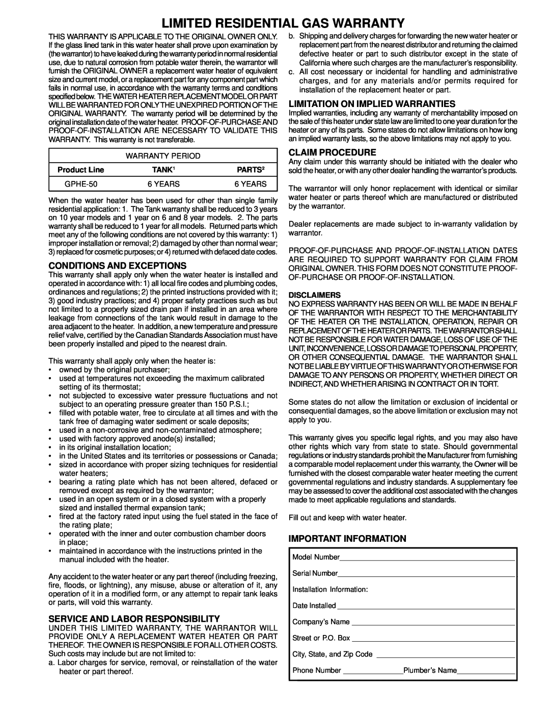 A.O. Smith ARGSS02708 Limited Residential Gas Warranty, Conditions And Exceptions, Service And Labor Responsibility, TANK1 