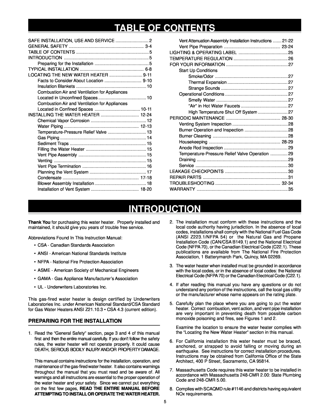A.O. Smith ARGSS02708 instruction manual Table Of Contents, Introduction, Preparing For The Installation 