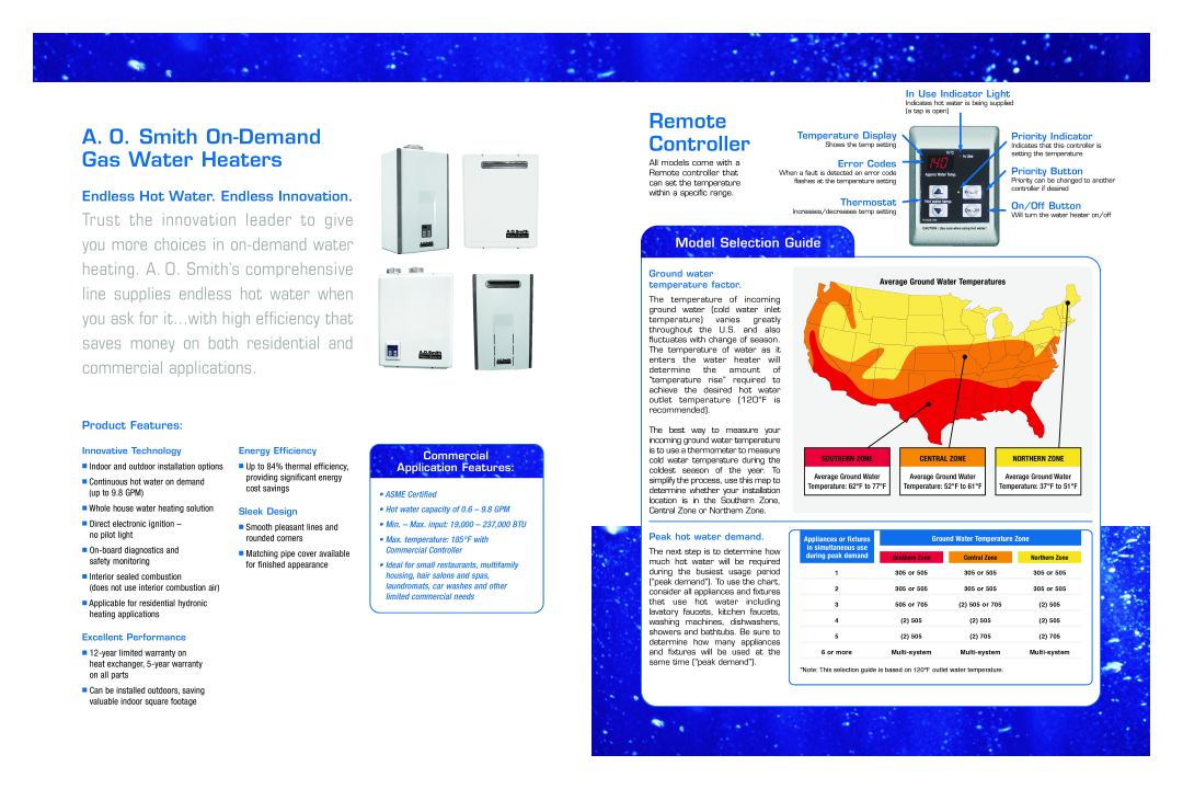 A.O. Smith ATO-705AN Remote Controller, A. O. Smith On-Demand Gas Water Heaters, Endless Hot Water. Endless Innovation 