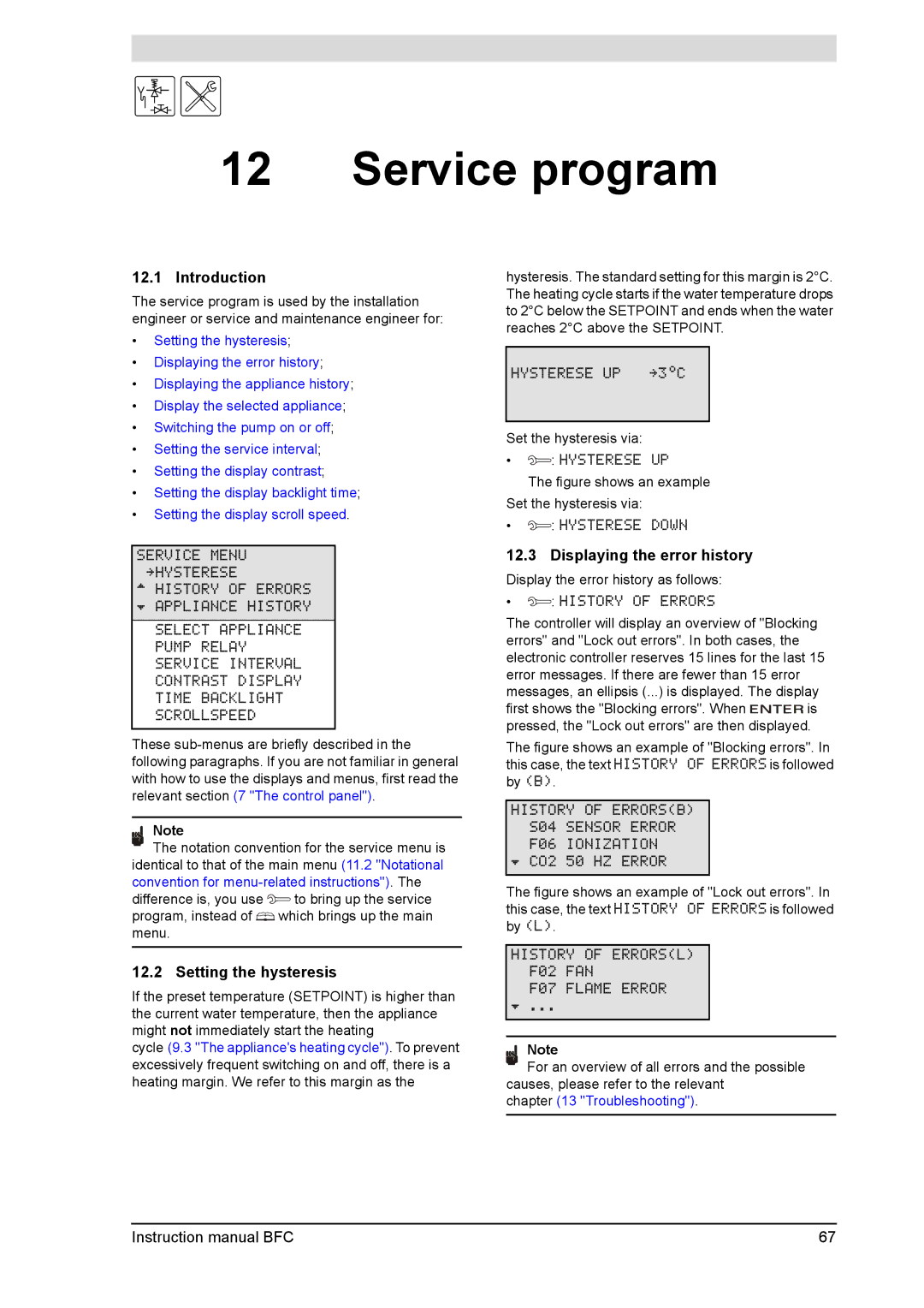 A.O. Smith BFC - 30, BFC - 60 service manual Service program, Setting the hysteresis, Displaying the error history 