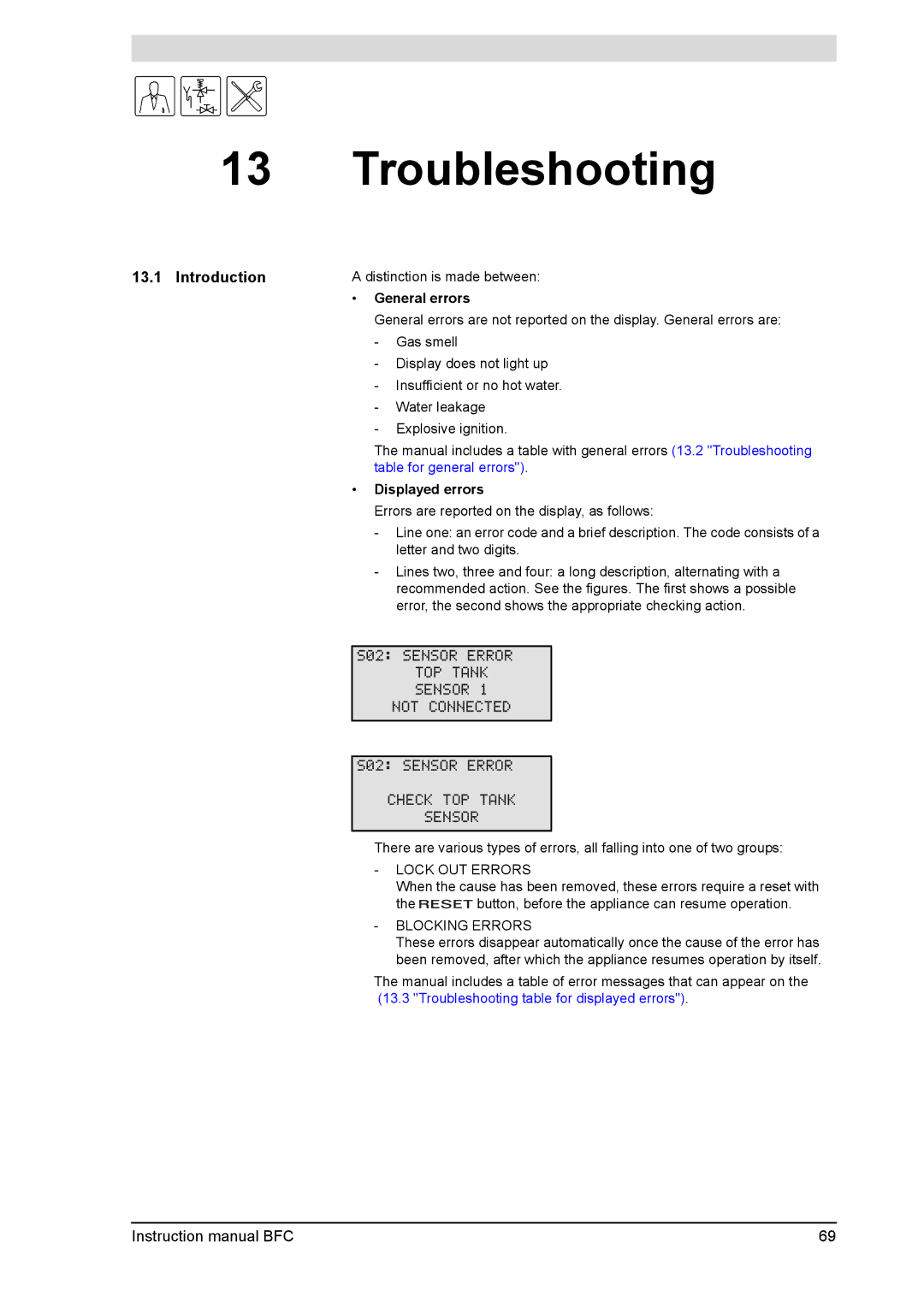 A.O. Smith BFC - 30, BFC - 60 service manual Troubleshooting, General errors, Displayed errors 