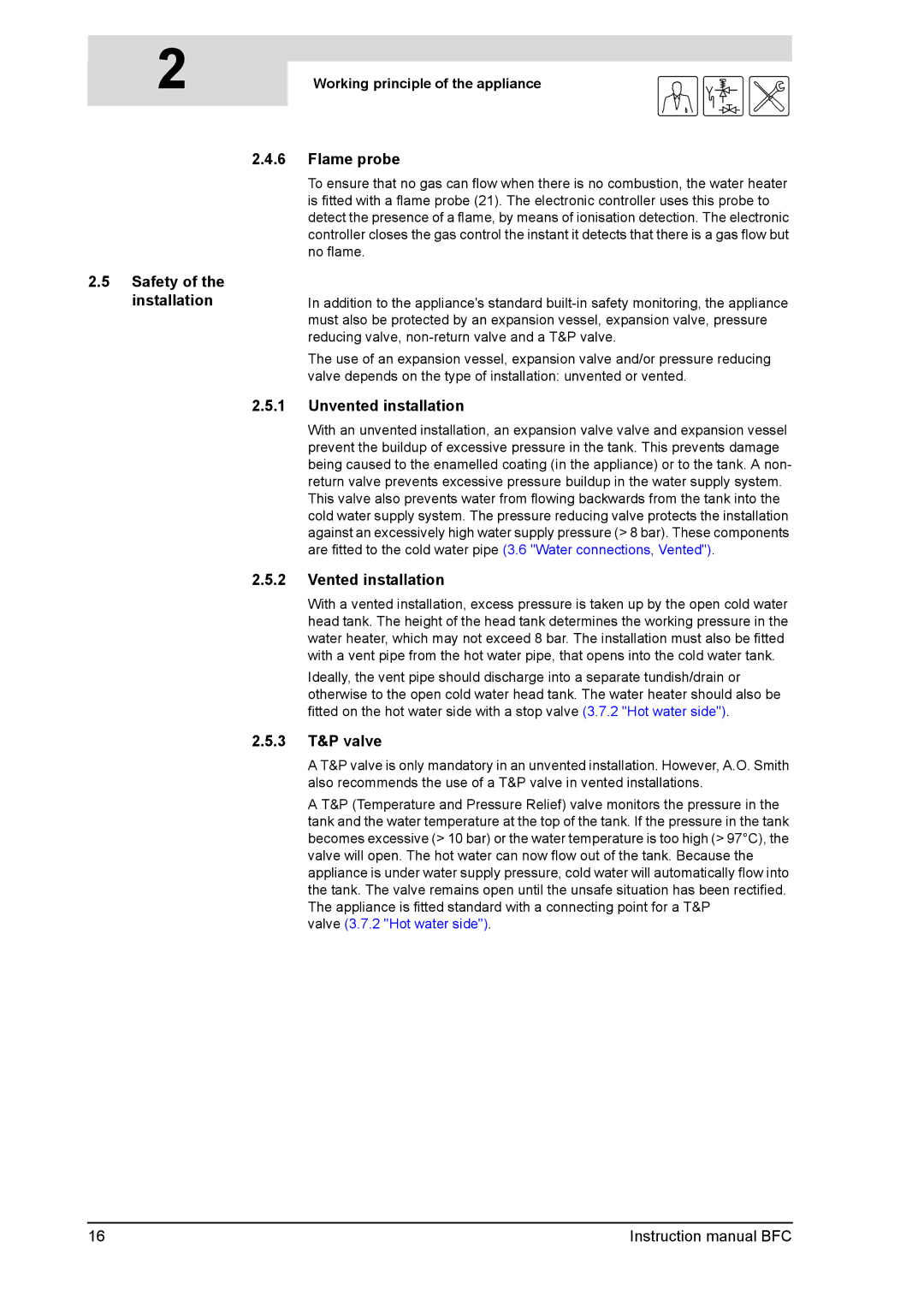 A.O. Smith BFC -100 Flame probe, Safety of the installation, Unvented installation, Vented installation, 3 T&P valve 