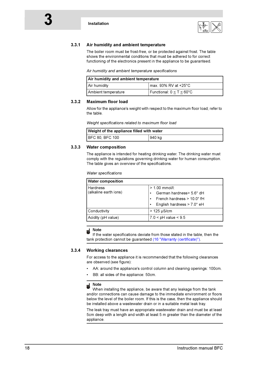 A.O. Smith BFC -100 Air humidity and ambient temperature, Maximum floor load, Water composition, Working clearances 