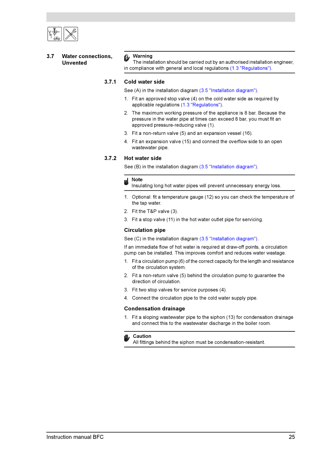 A.O. Smith BFC - 80, BFC -100 service manual Water connections, Unvented 