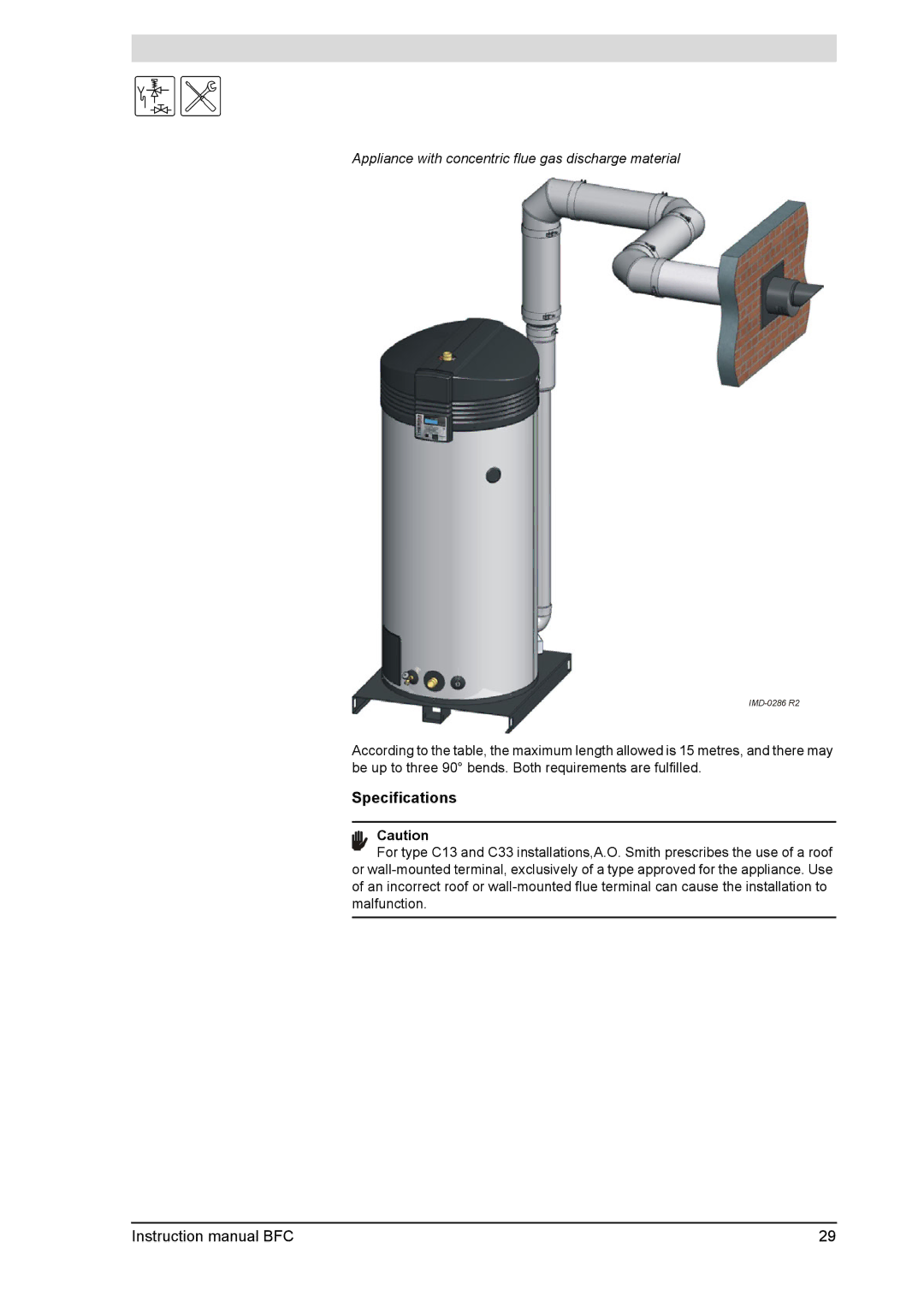 A.O. Smith BFC - 80, BFC -100 service manual Specifications, Appliance with concentric flue gas discharge material 