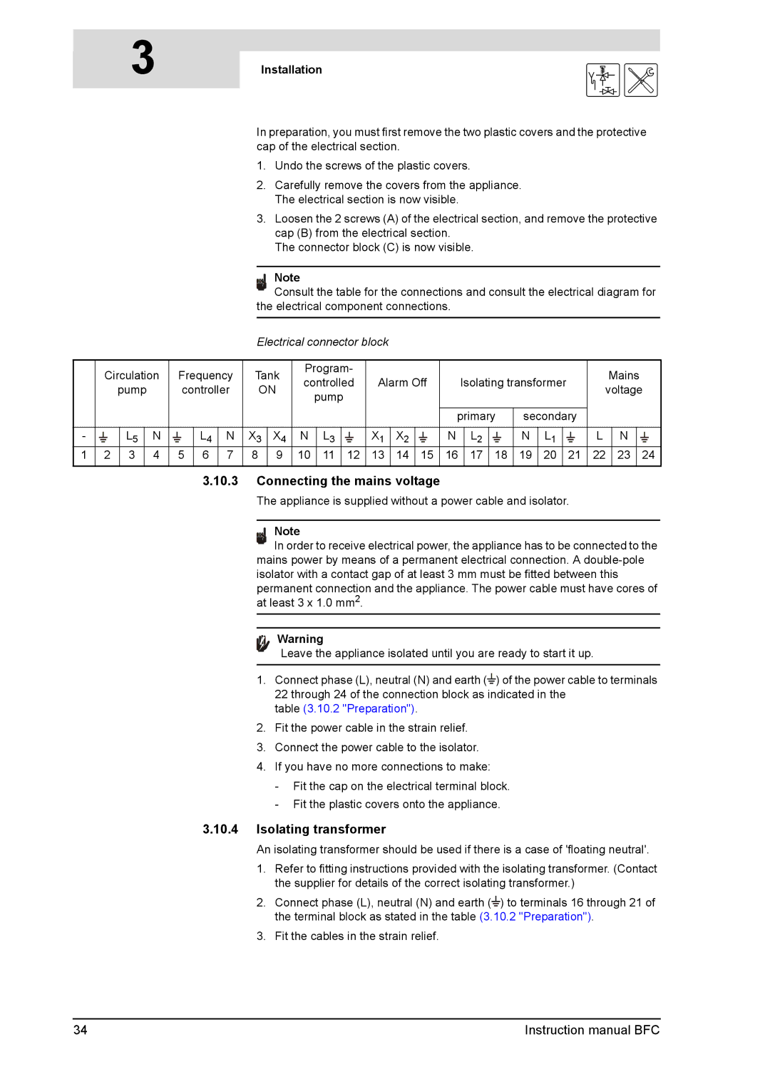 A.O. Smith BFC -100, BFC - 80 service manual Connecting the mains voltage, Isolating transformer, Preparation 