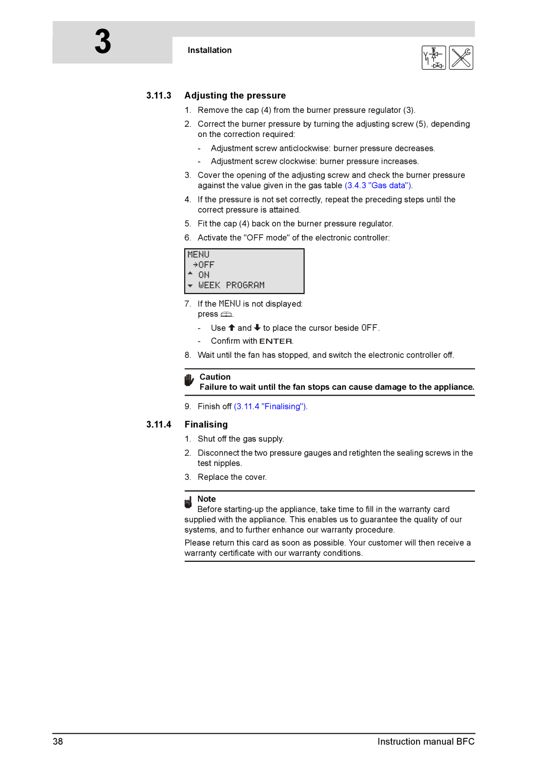 A.O. Smith BFC -100, BFC - 80 service manual 11.3, Adjusting the pressure, Finish off 3.11.4 Finalising 