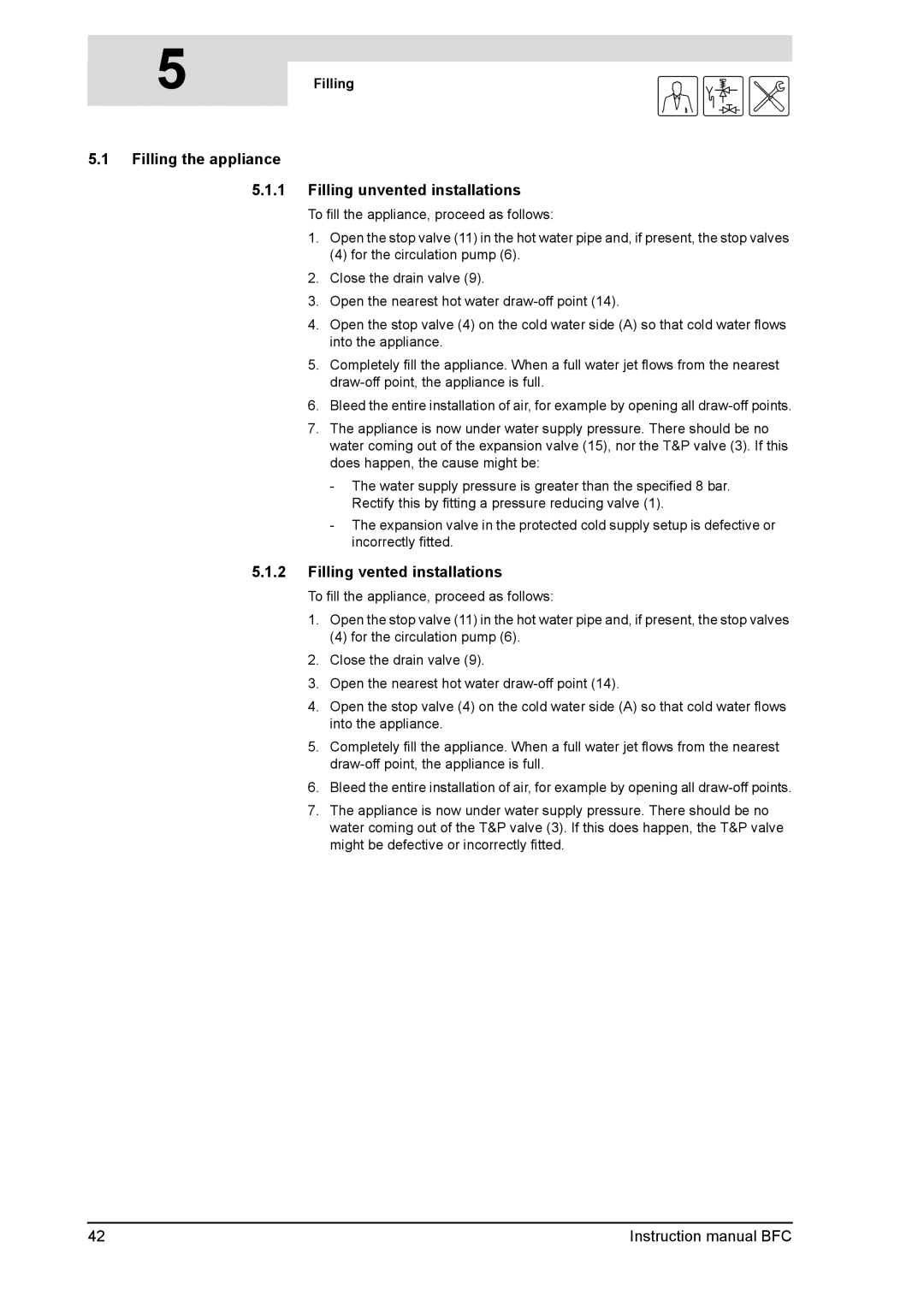 A.O. Smith BFC -100, BFC - 80 Filling the appliance, Filling unvented installations, Filling vented installations 