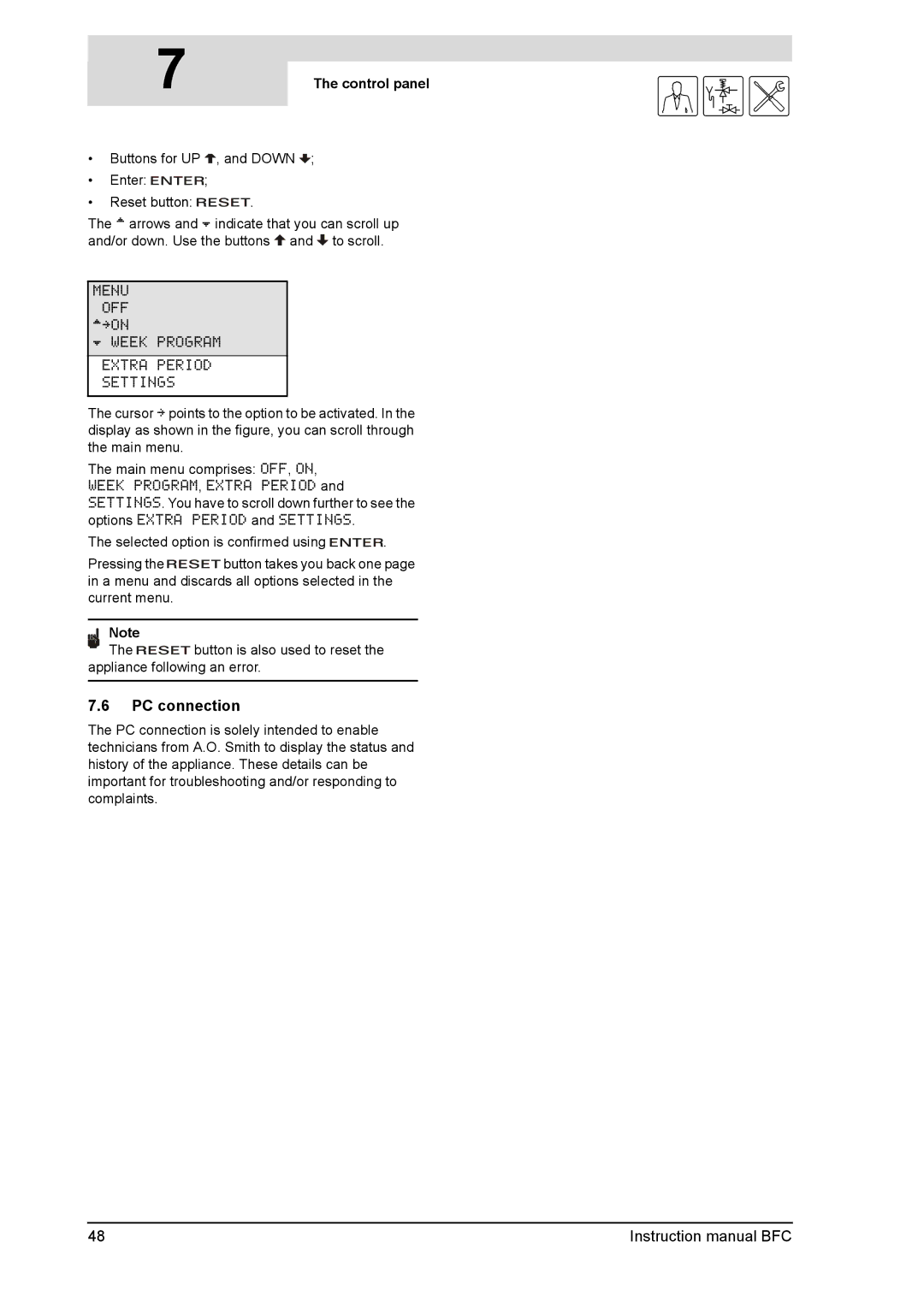 A.O. Smith BFC -100, BFC - 80 service manual PC connection, Control panel 