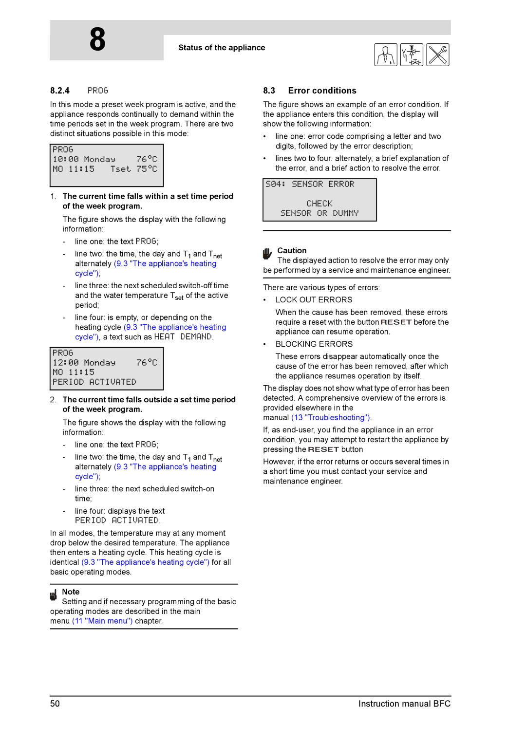 A.O. Smith BFC -100 Error conditions, Status of the appliance, Manual 13 Troubleshooting, Menu 11 Main menu chapter 