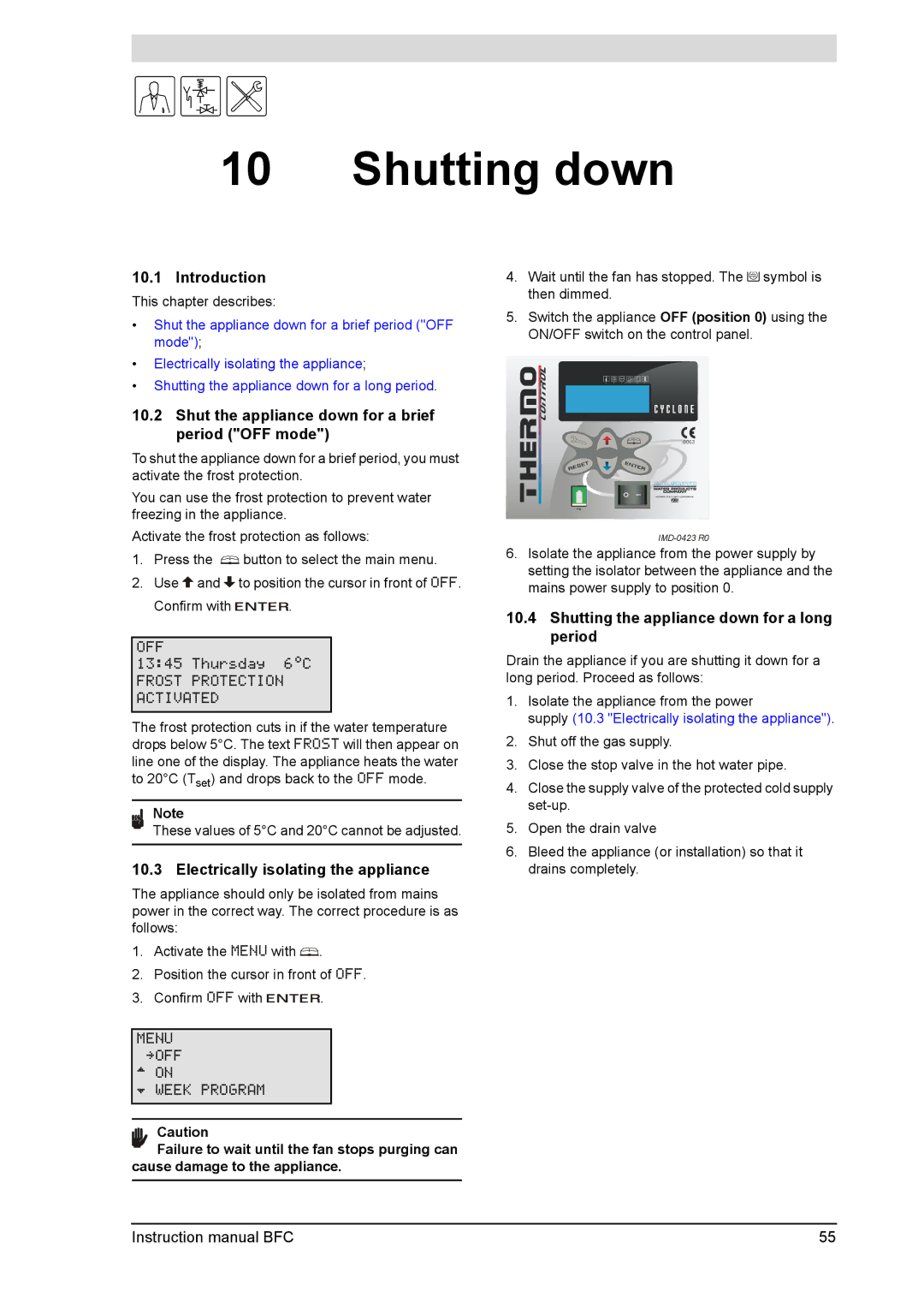 A.O. Smith BFC - 80, BFC -100 service manual Shutting down, Shut the appliance down for a brief period OFF mode 