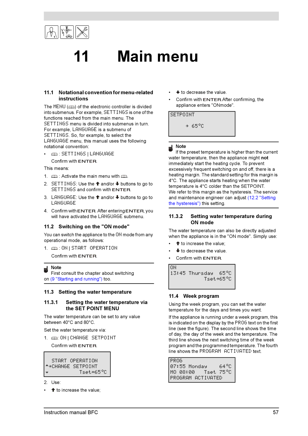 A.O. Smith BFC - 80 Main menu, Notational convention for menu-related instructions, Switching on the on mode, Week program 