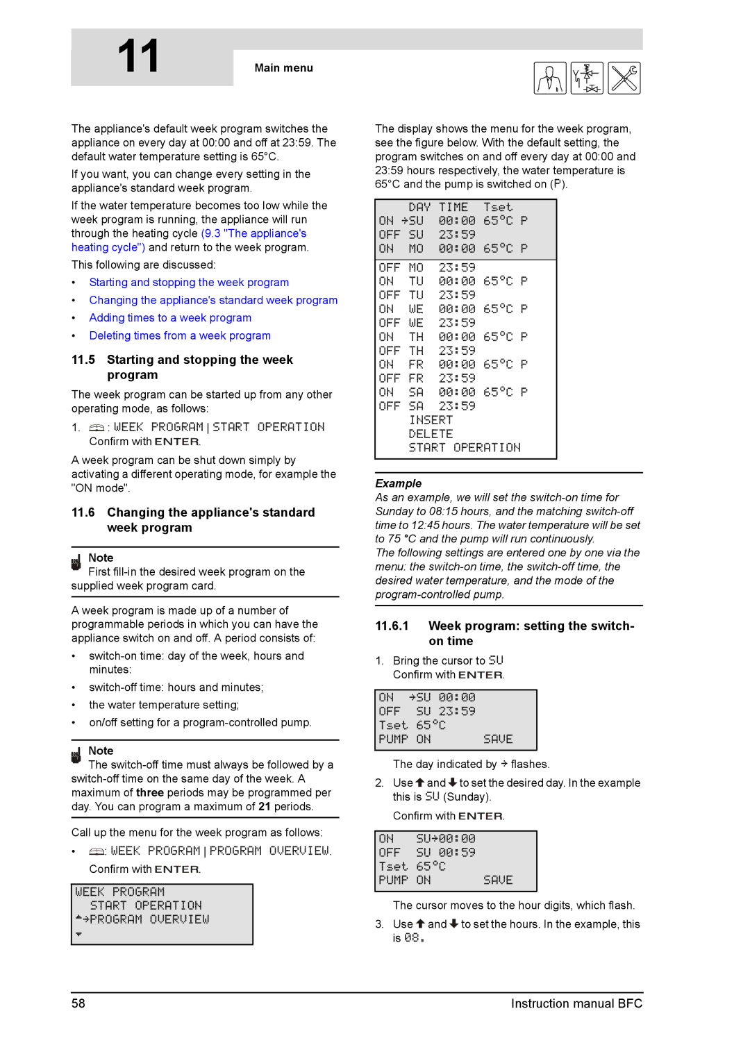 A.O. Smith BFC -100 Starting and stopping the week program, Changing the appliances standard week program, Main menu 