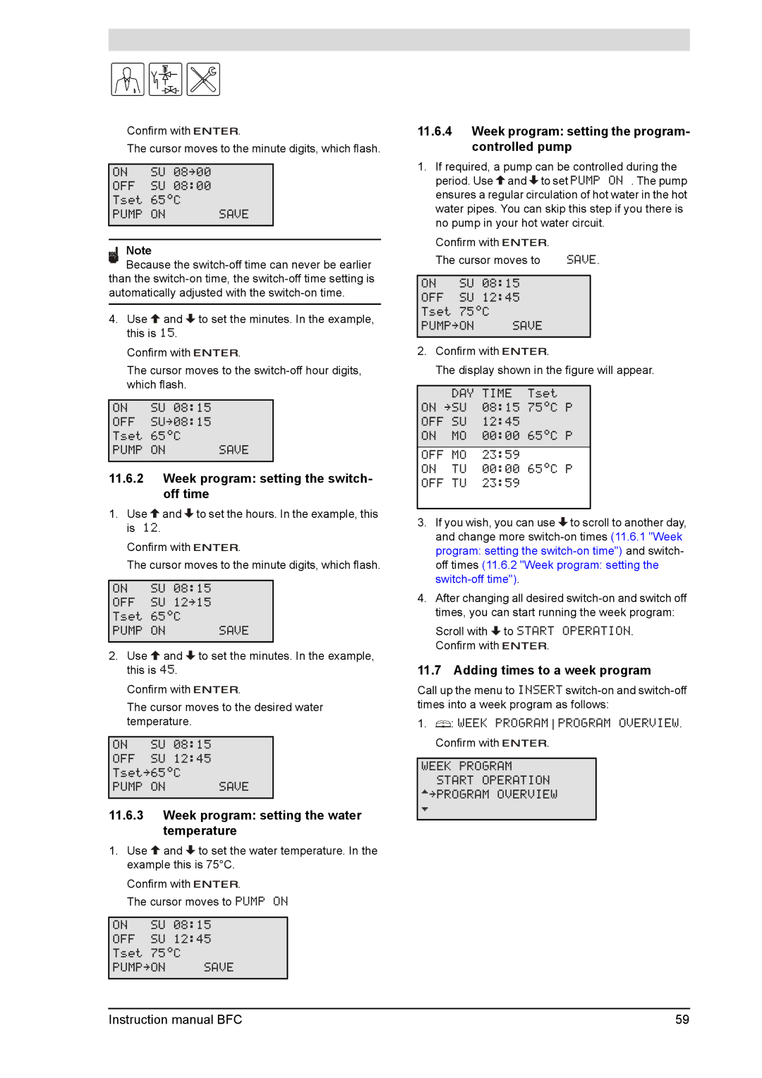 A.O. Smith BFC - 80, BFC -100 Week program setting the switch- off time, Week program setting the water temperature 