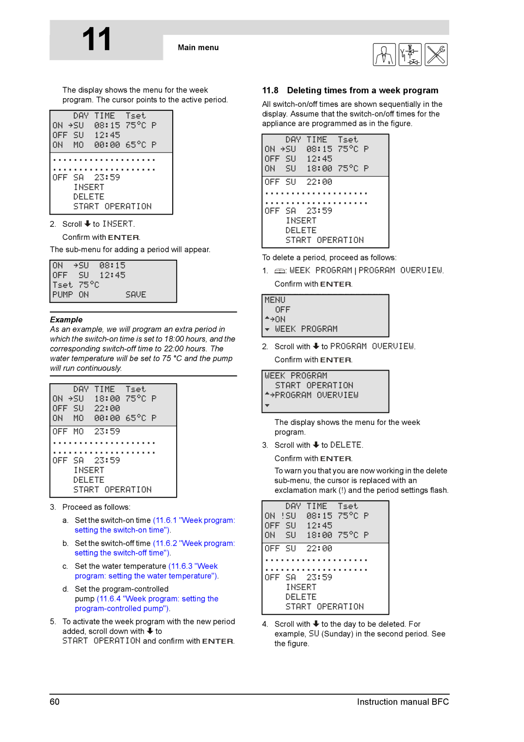 A.O. Smith BFC -100 Deleting times from a week program, Pump 11.6.4 Week program setting the program-controlled pump 