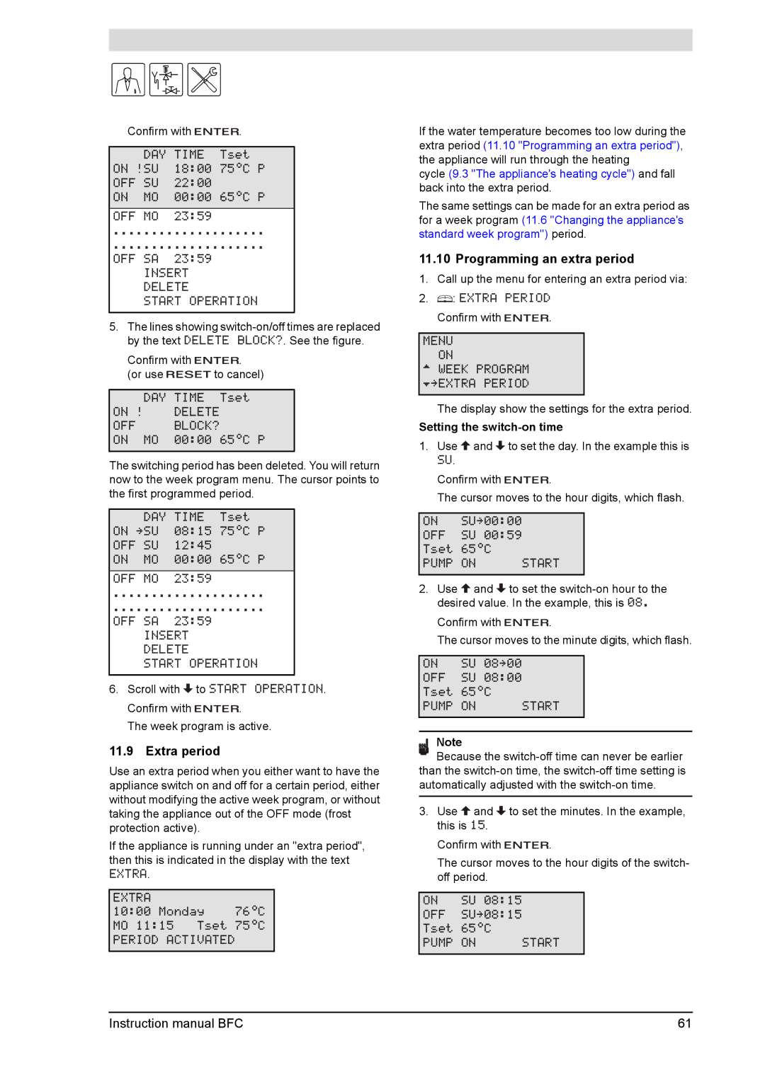 A.O. Smith BFC - 80, BFC -100 service manual Extra period, Programming an extra period, Setting the switch-on time 