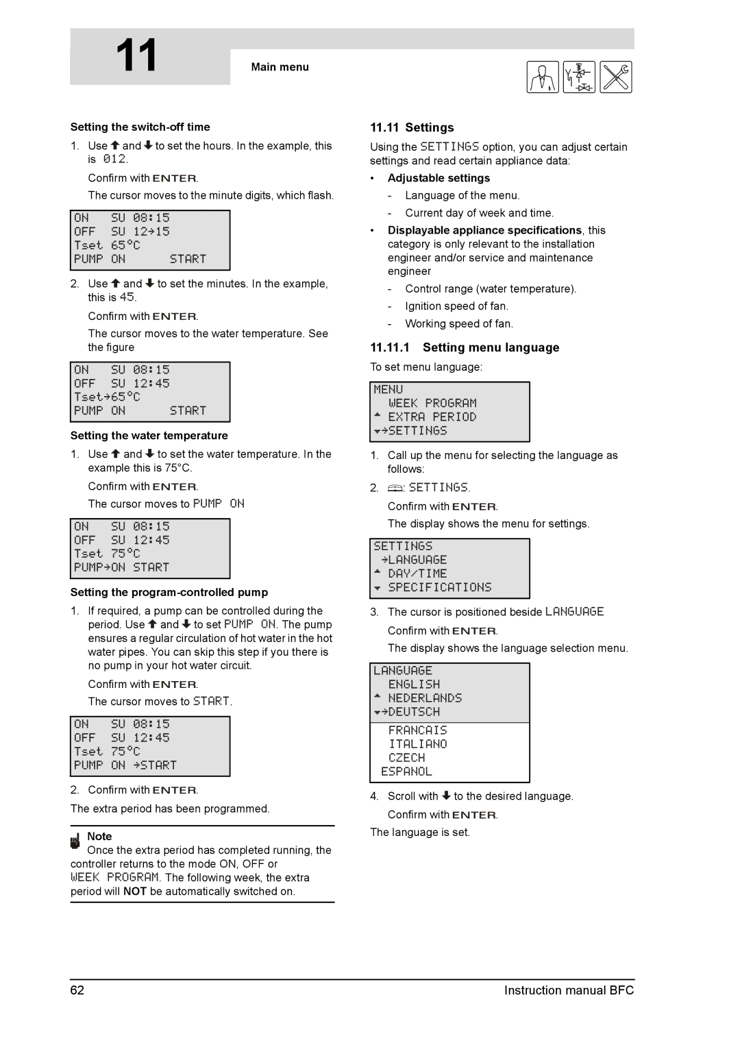 A.O. Smith BFC -100, BFC - 80 service manual Settings, Setting menu language 