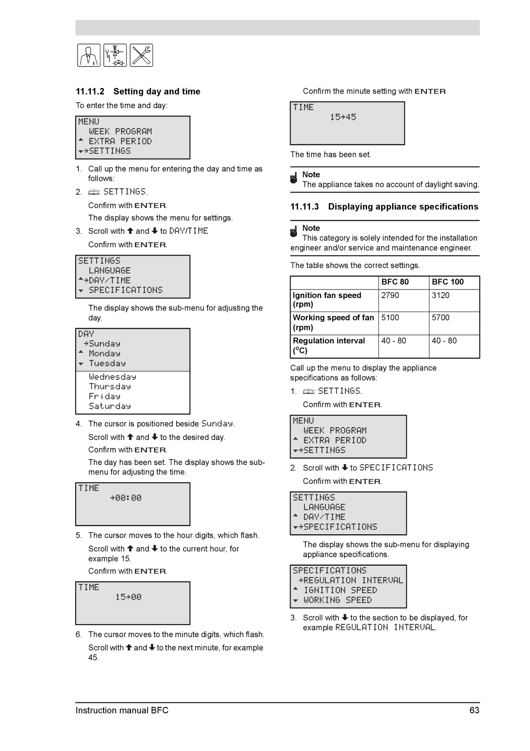 A.O. Smith BFC - 80, BFC -100 service manual Setting day and time, Displaying appliance specifications 