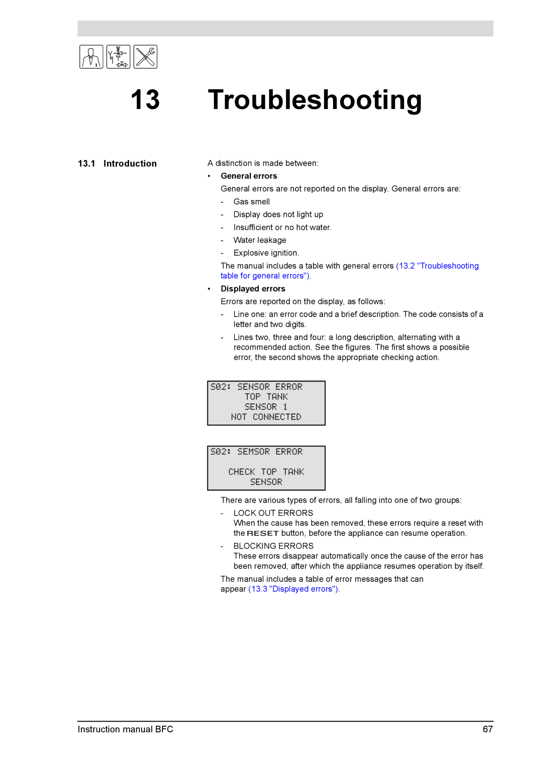 A.O. Smith BFC - 80, BFC -100 service manual Troubleshooting, General errors, Displayed errors 