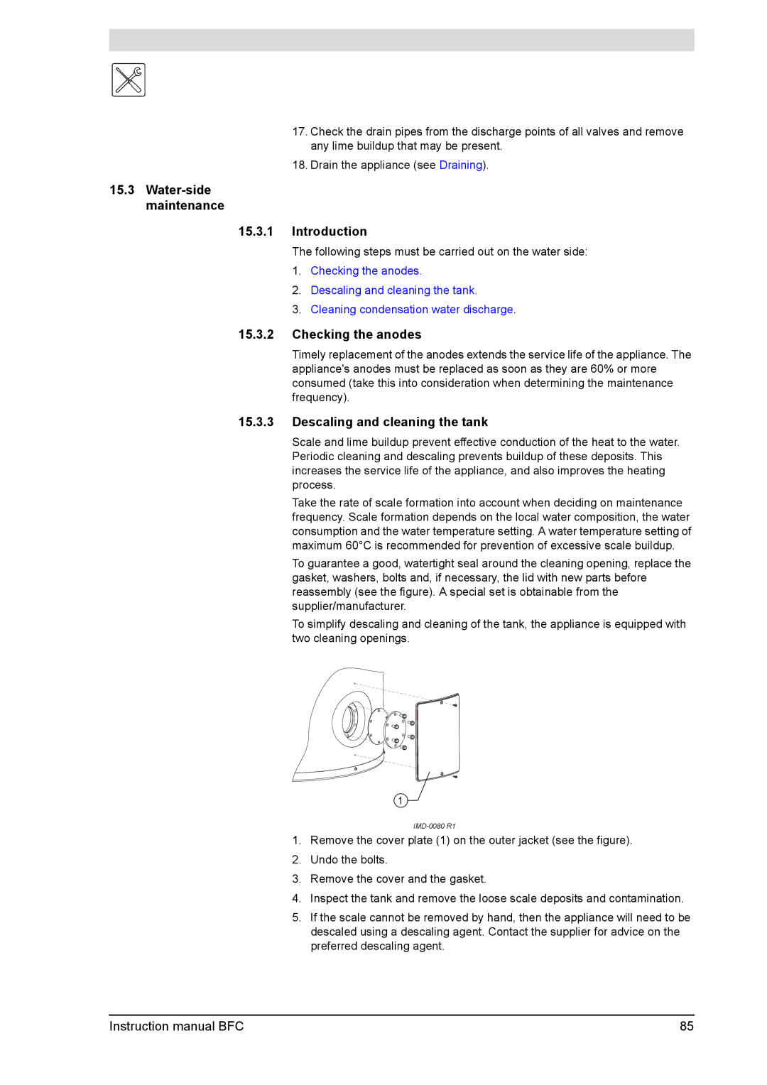 A.O. Smith BFC - 80, BFC -100 Water-side maintenance Introduction, Checking the anodes, Descaling and cleaning the tank 