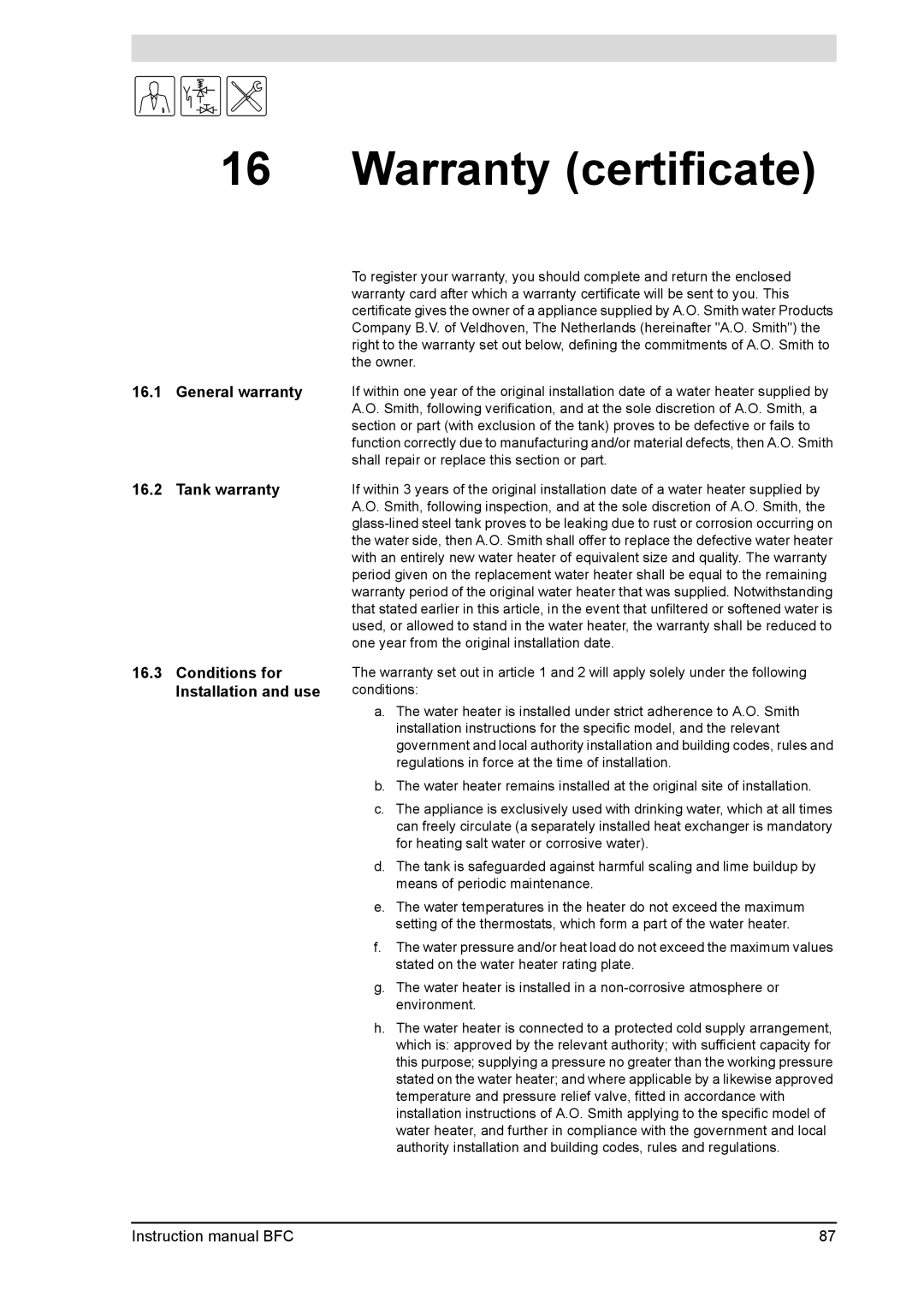 A.O. Smith BFC - 80, BFC -100 Warranty certificate, General warranty, Tank warranty, Conditions for Installation and use 