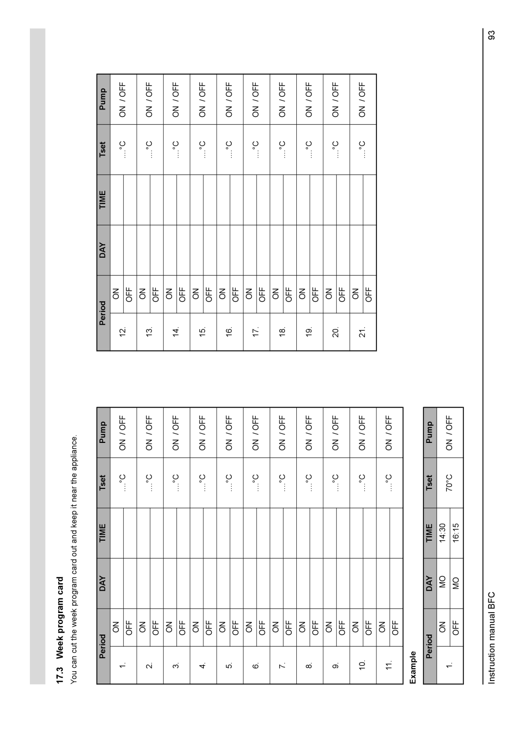 A.O. Smith BFC - 80, BFC -100 service manual Week program card, Tset Pump, Example Period 