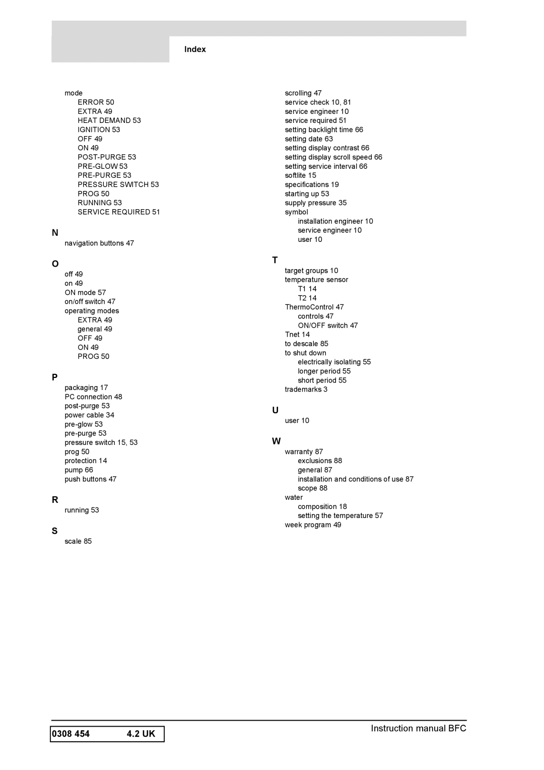 A.O. Smith BFC -100, BFC - 80 service manual 0308, Index 