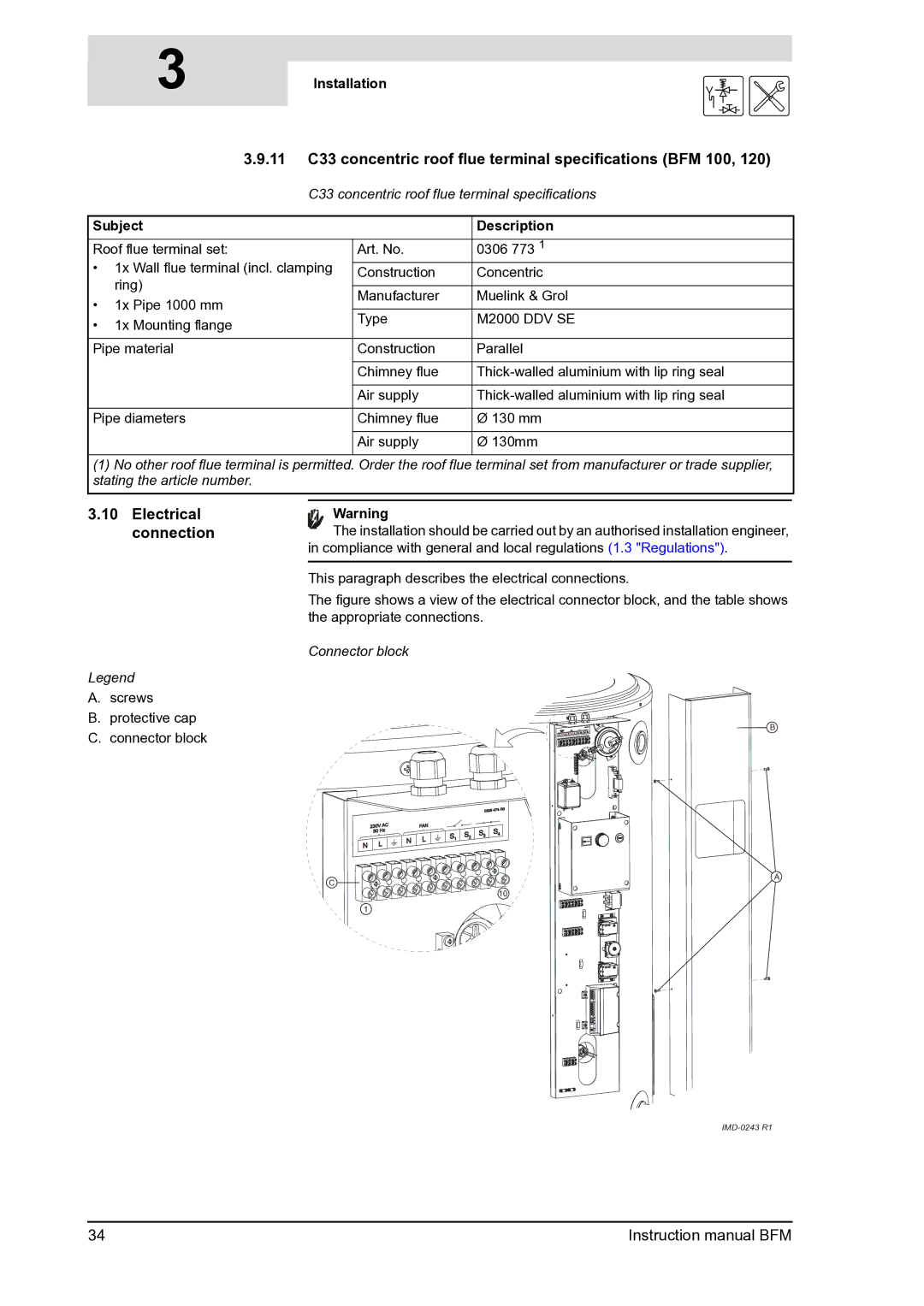 A.O. Smith BFM - 100, BFM - 120 manual 11 C33 concentric roof flue terminal specifications BFM 100, Electrical connection 