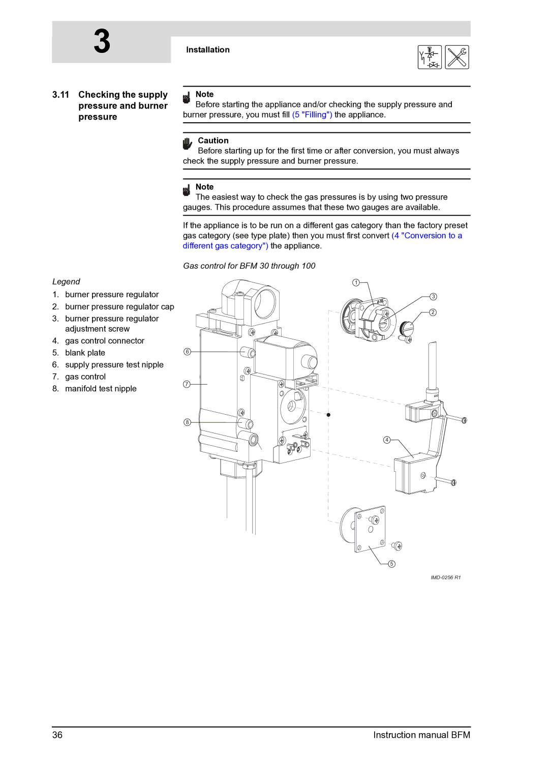 A.O. Smith BFM - 100, BFM - 120 manual Checking the supply pressure and burner pressure, Gas control for BFM 30 through 