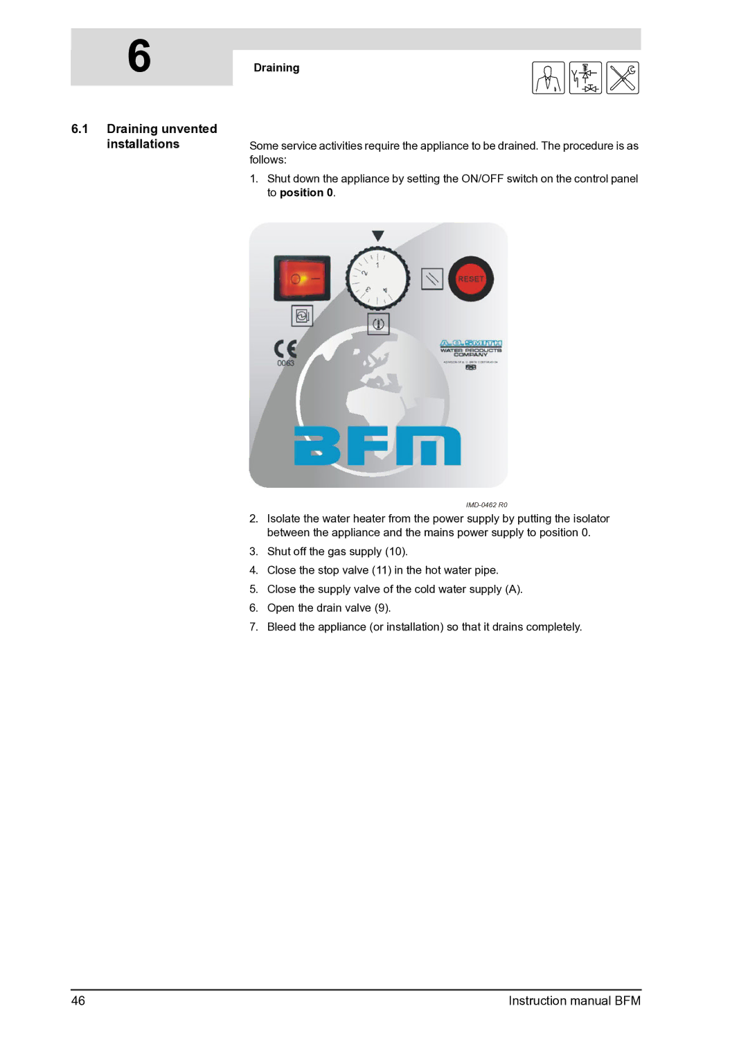 A.O. Smith BFM - 100, BFM - 120 manual Draining unvented installations 