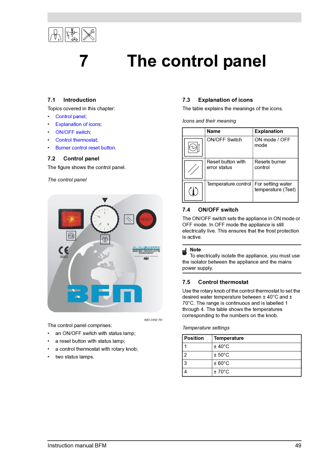 A.O. Smith BFM - 120, BFM - 100 manual Control panel, Explanation of icons, ON/OFF switch, Control thermostat 