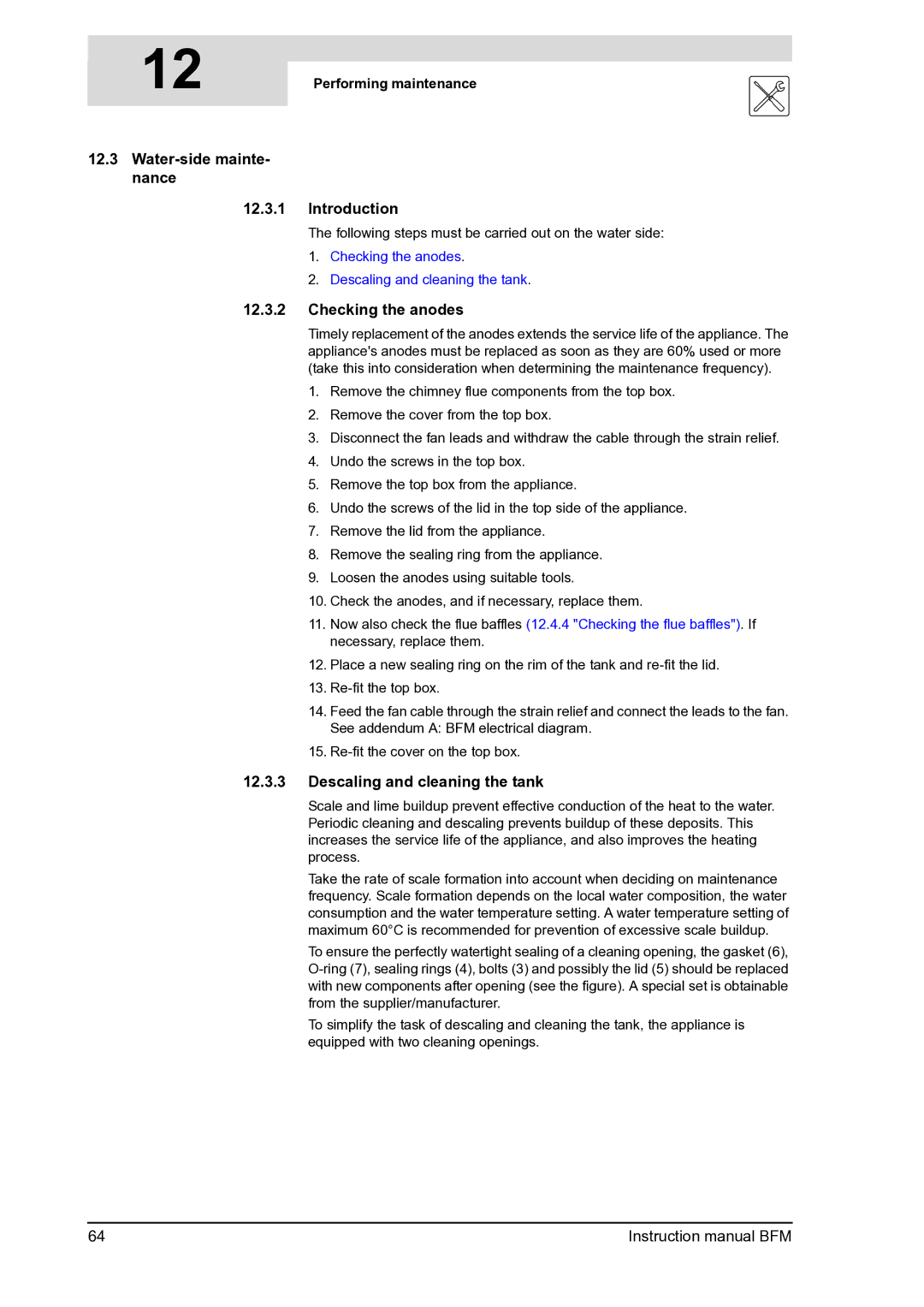 A.O. Smith BFM - 100, BFM - 120 manual Water-side mainte- nance 12.3.1, Checking the anodes, Descaling and cleaning the tank 