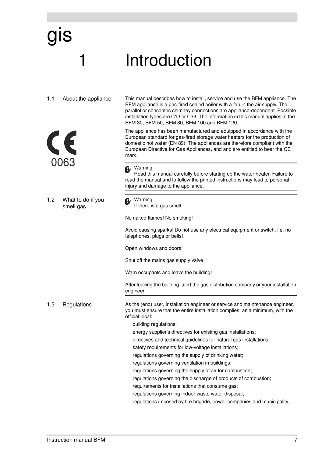 A.O. Smith BFM - 120, BFM - 100 manual Introduction, About the appliance, What to do if you smell gas Regulations 