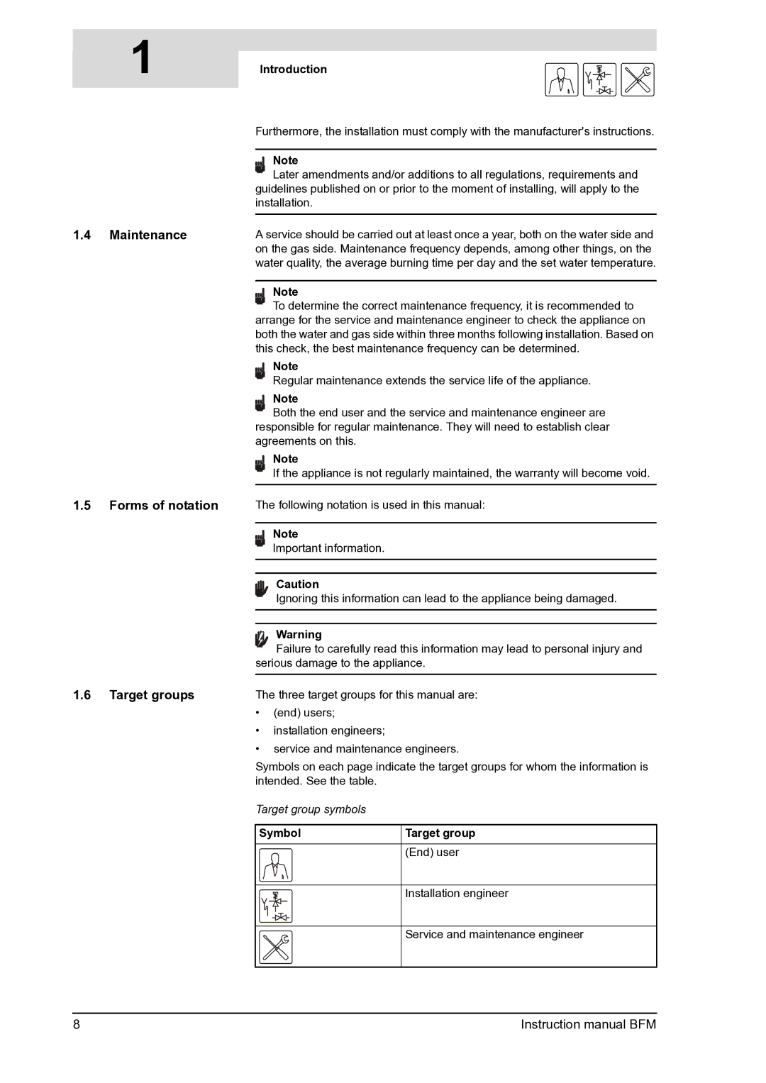 A.O. Smith BFM - 100, BFM - 120 manual Maintenance Forms of notation Target groups, Introduction, Symbol Target group 