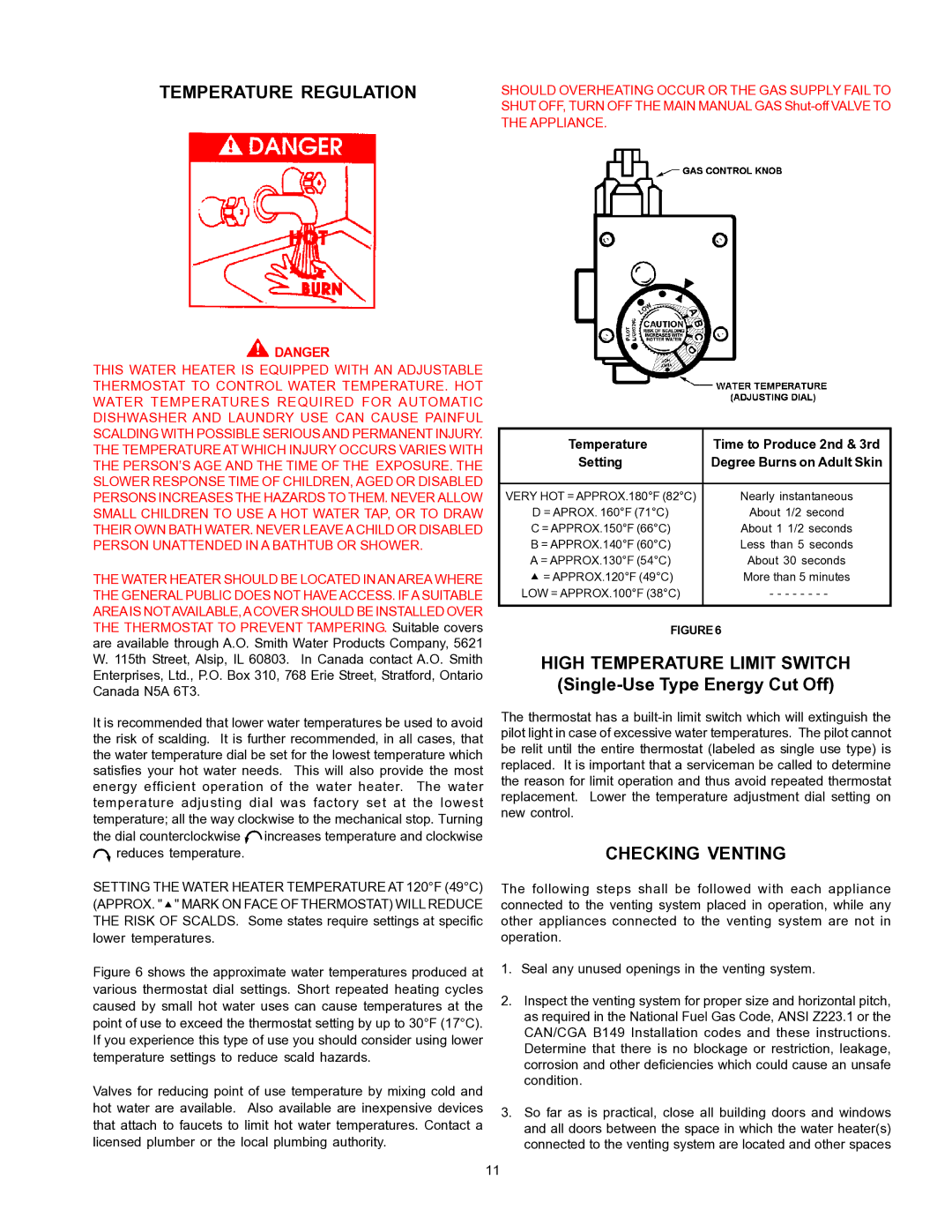 A.O. Smith BT- 65 warranty Temperature Regulation, High Temperature Limit Switch, Checking Venting 