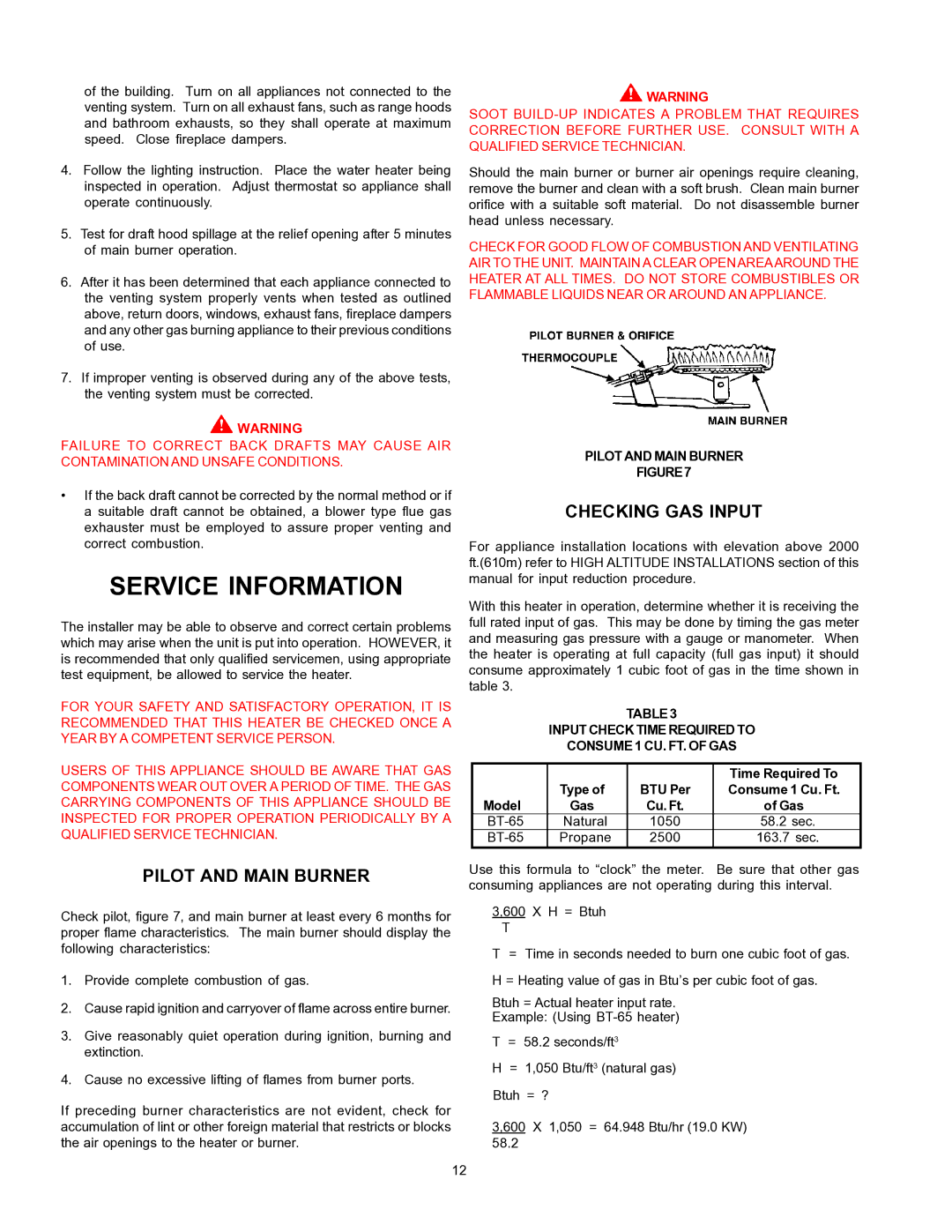 A.O. Smith BT- 65 warranty Service Information, Pilot and Main Burner, Checking GAS Input 