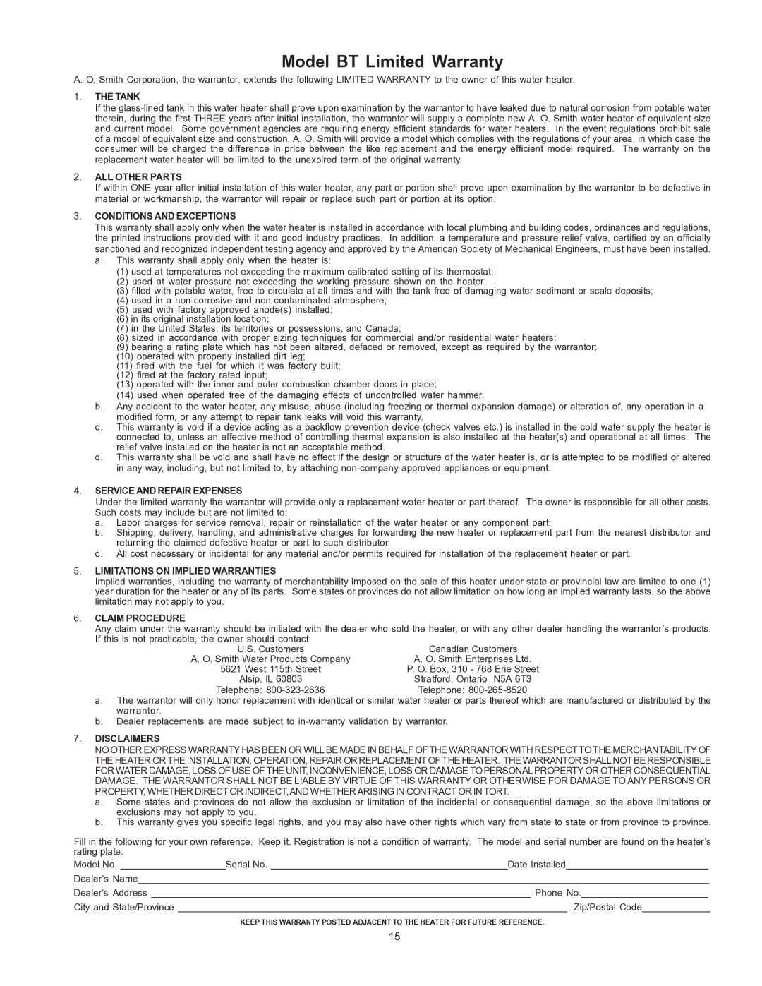 A.O. Smith BT- 65 warranty Model BT Limited Warranty 