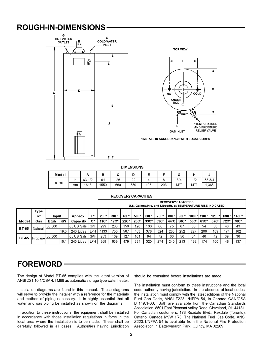 A.O. Smith BT- 65 warranty Dimensions, Recovery Capacities 