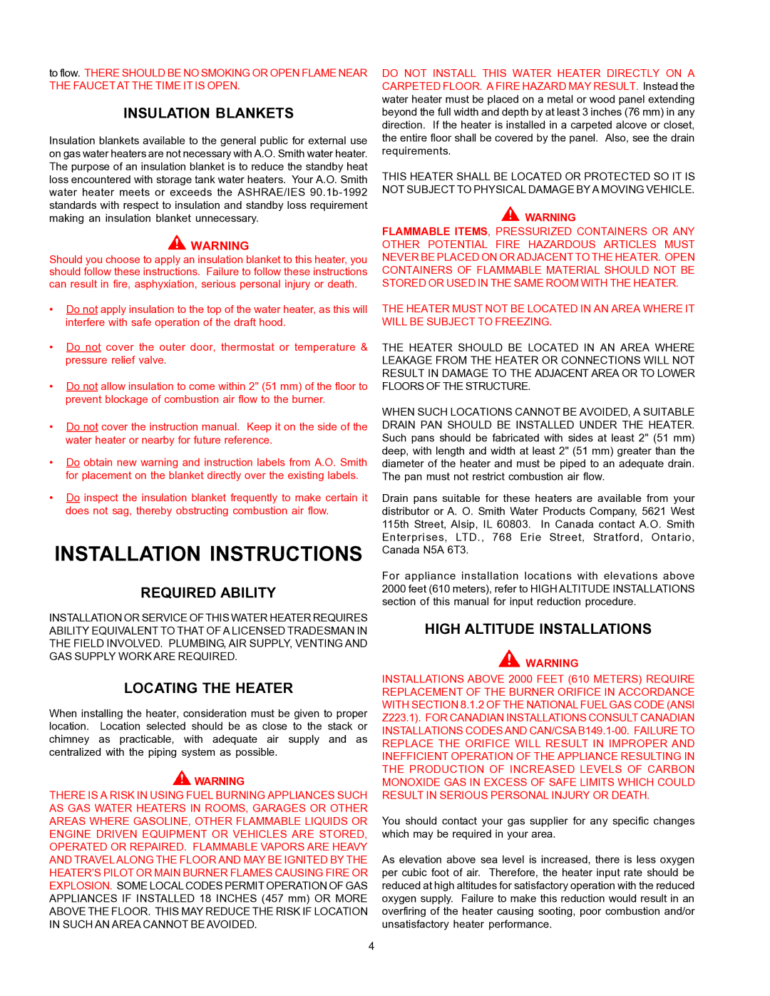 A.O. Smith BT- 65 warranty Installation Instructions, Insulation Blankets, Required Ability, Locating the Heater 