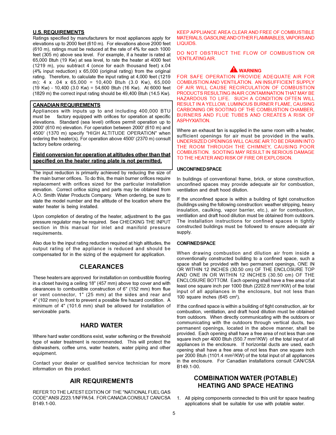 A.O. Smith BT- 65 warranty Clearances, Hard Water, AIR Requirements, Combination Water Potable Heating and Space Heating 