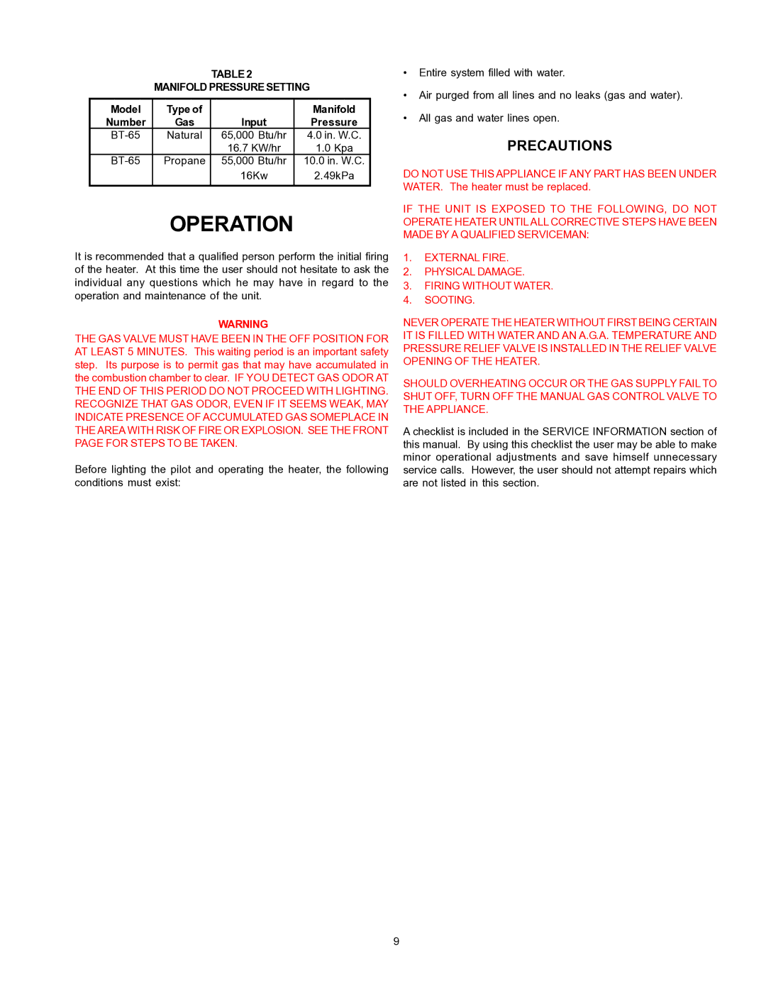 A.O. Smith BT- 65 warranty Manifold Pressure Setting, Gas 