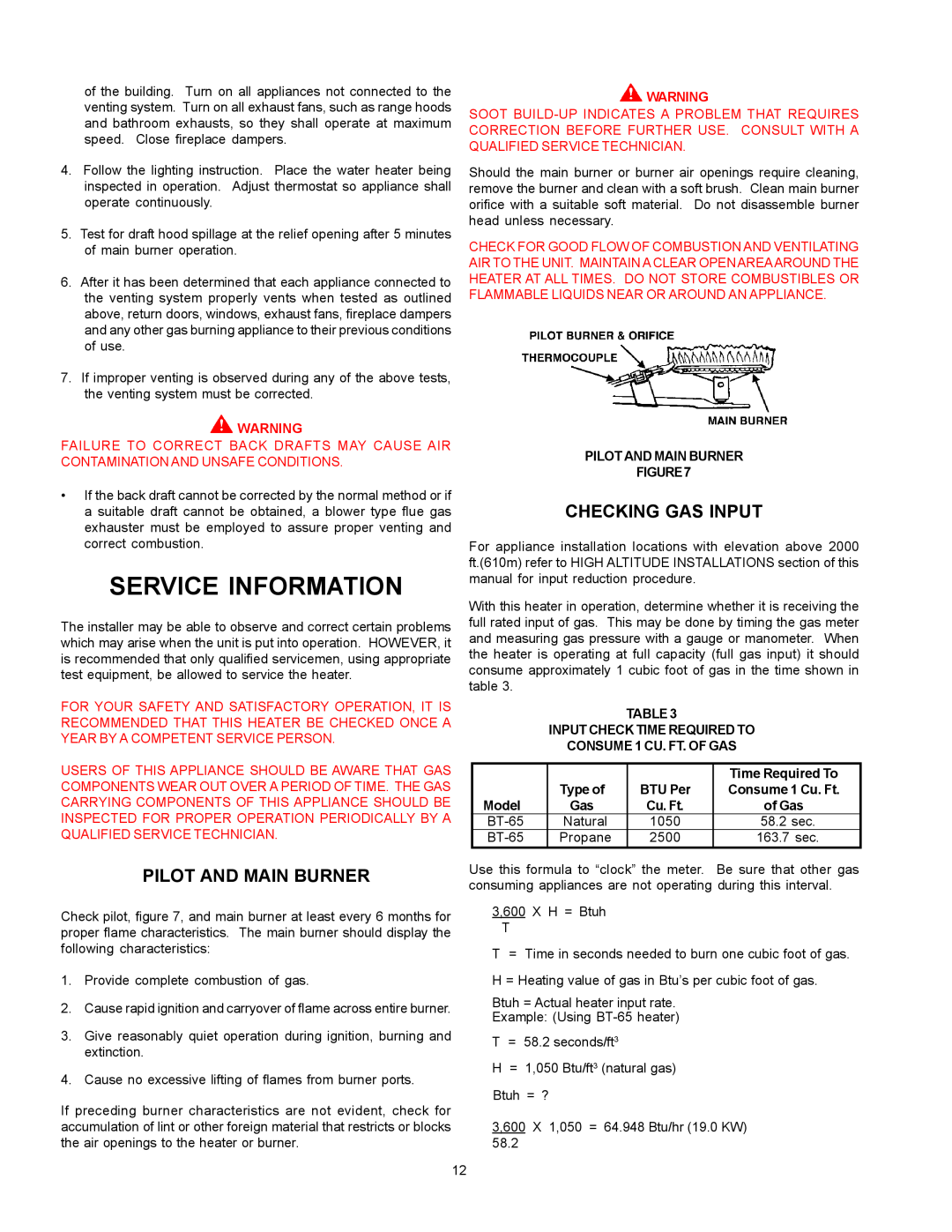 A.O. Smith BT- 65 Service Information, Pilot And Main Burner, Checking Gas Input, Time Required To, BTU Per, Type of 