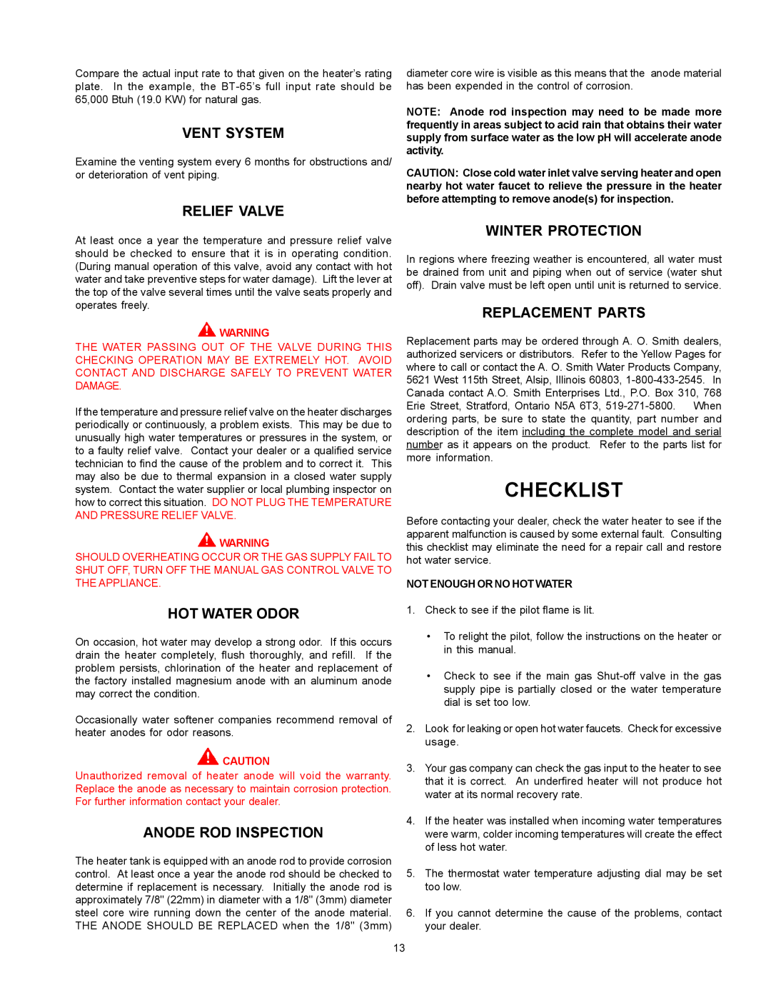 A.O. Smith BT- 65 Checklist, Vent System, Hot Water Odor, Anode Rod Inspection, Winter Protection, Replacement Parts 