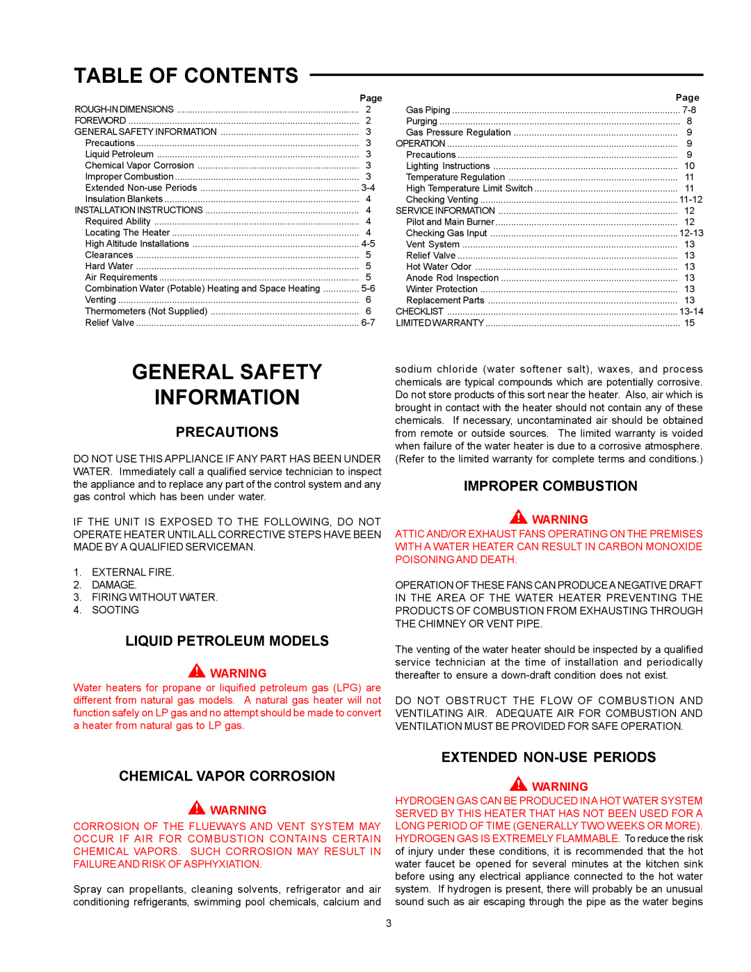 A.O. Smith BT- 65 warranty Table Of Contents, General Safety, Information, Precautions, Liquid Petroleum Models 