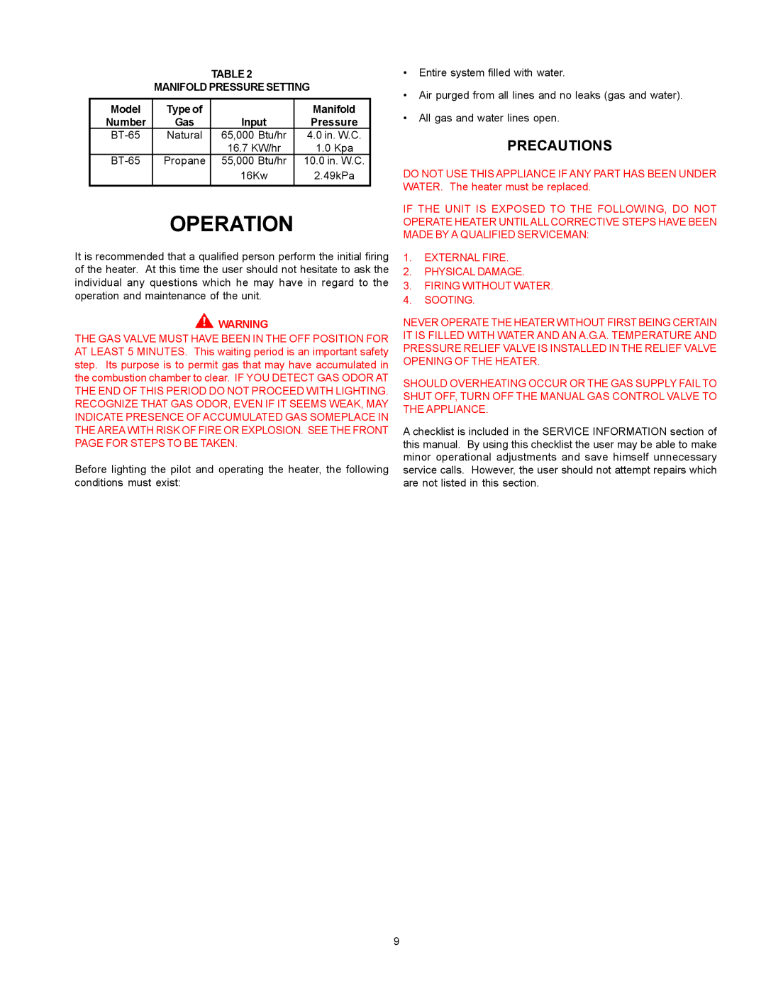 A.O. Smith BT- 65 warranty Operation, Manifold Pressure Setting, Model, Type of, Precautions 