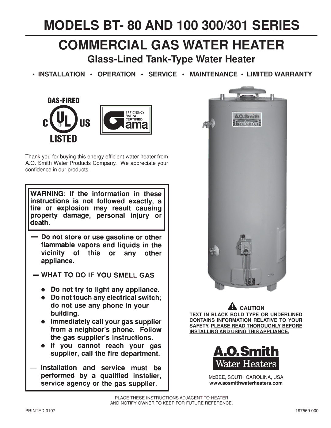 A.O. Smith BT- 80 warranty Commercial GAS Water Heater, Installation Operation Service Maintenance Limited Warranty 