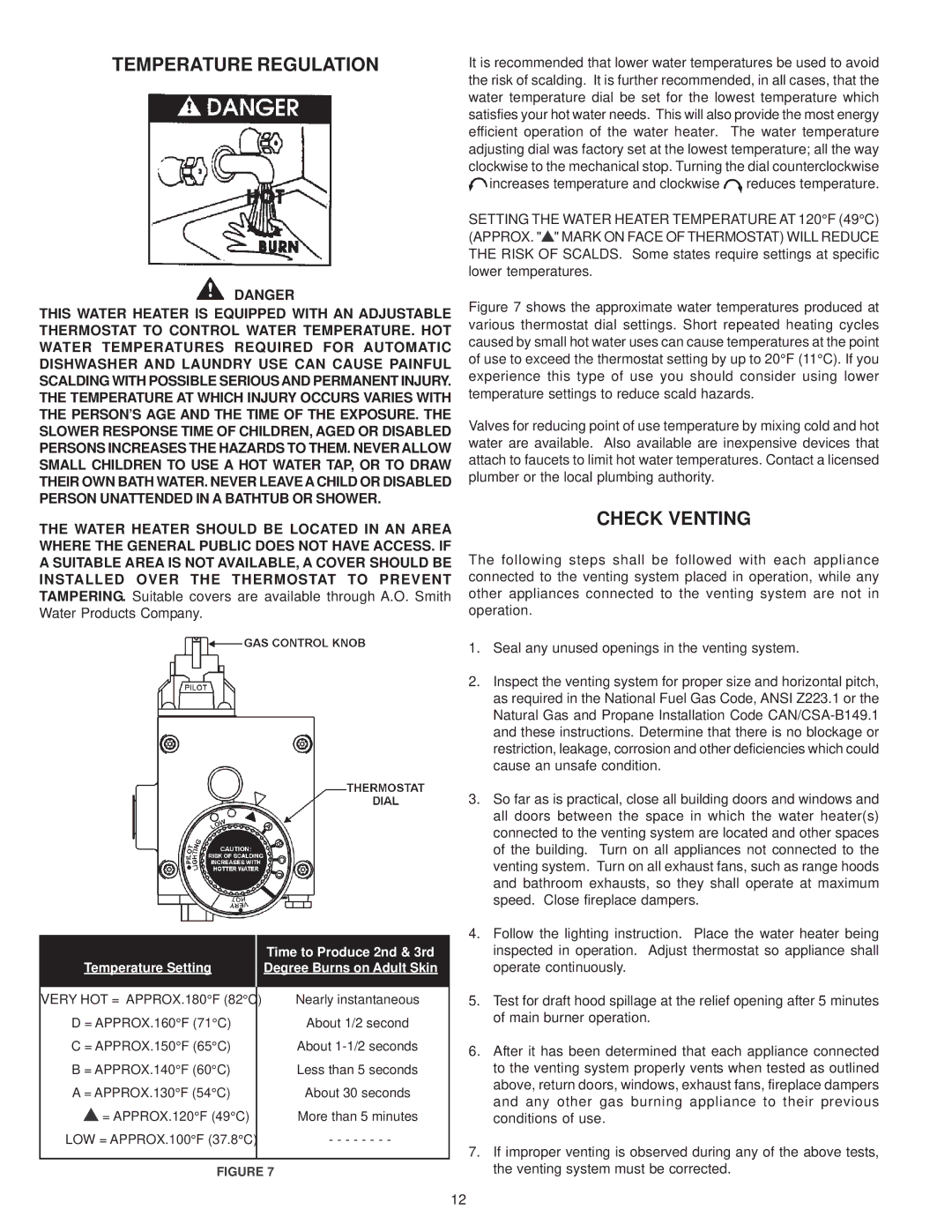 A.O. Smith BT- 80 warranty Temperature Regulation, Check Venting 