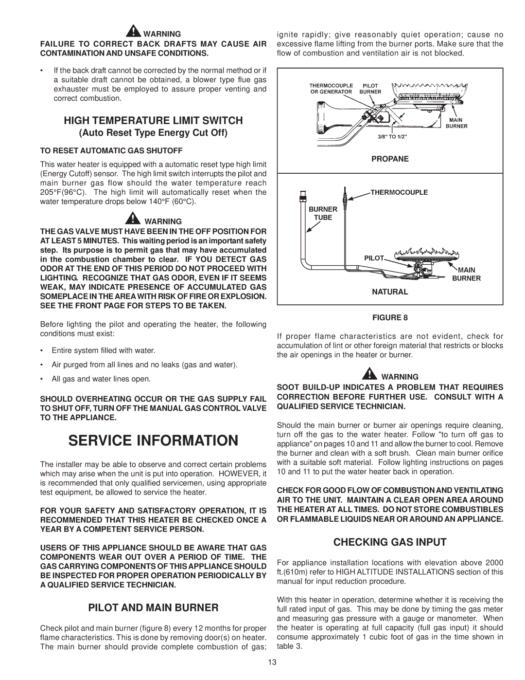 A.O. Smith BT- 80 warranty Service Information, High Temperature Limit Switch, Pilot and Main Burner, Checking GAS Input 